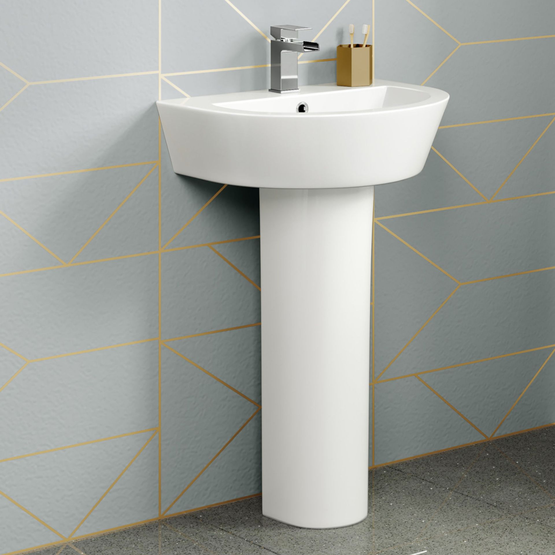 (PM45) Contemporary Curved Sink & Pedestal - Single Tap Hole. RRP £92.99. Made from white, vit...