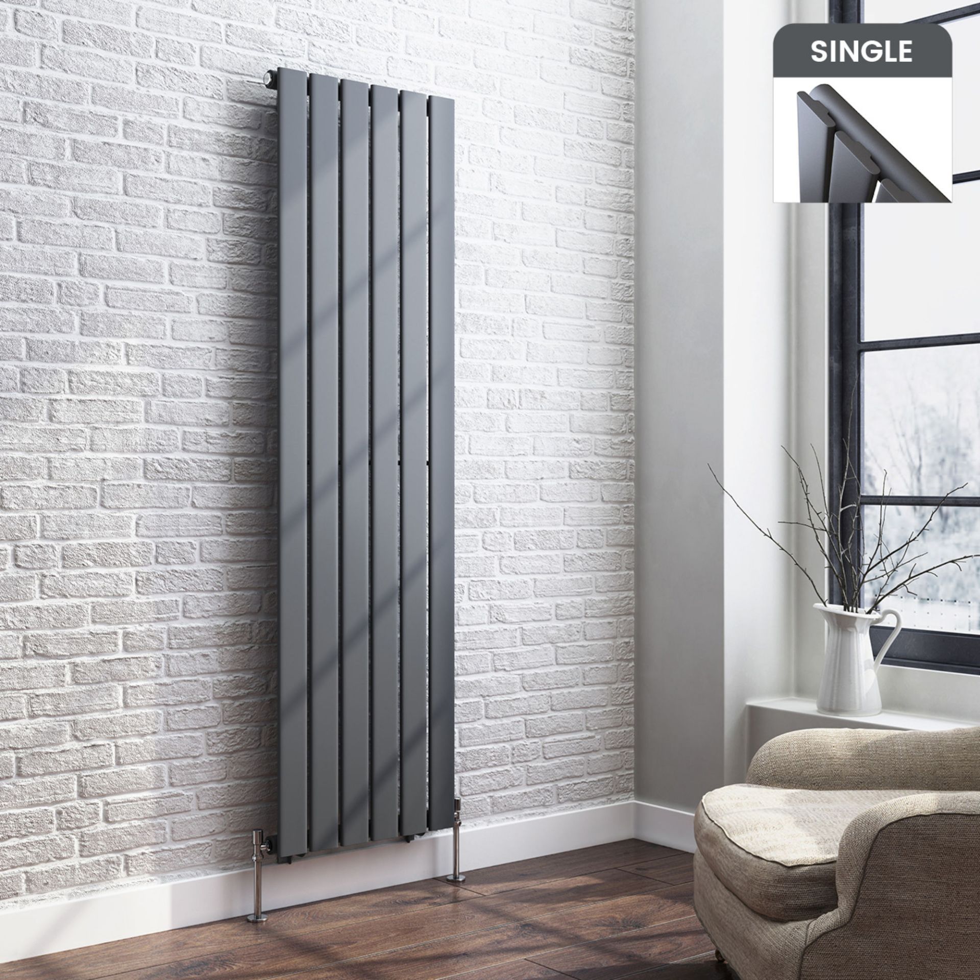 (PM53) 1600x452mm Anthracite Single Flat Panel Vertical Radiator. RRP £307.99. Ultra-modern in...