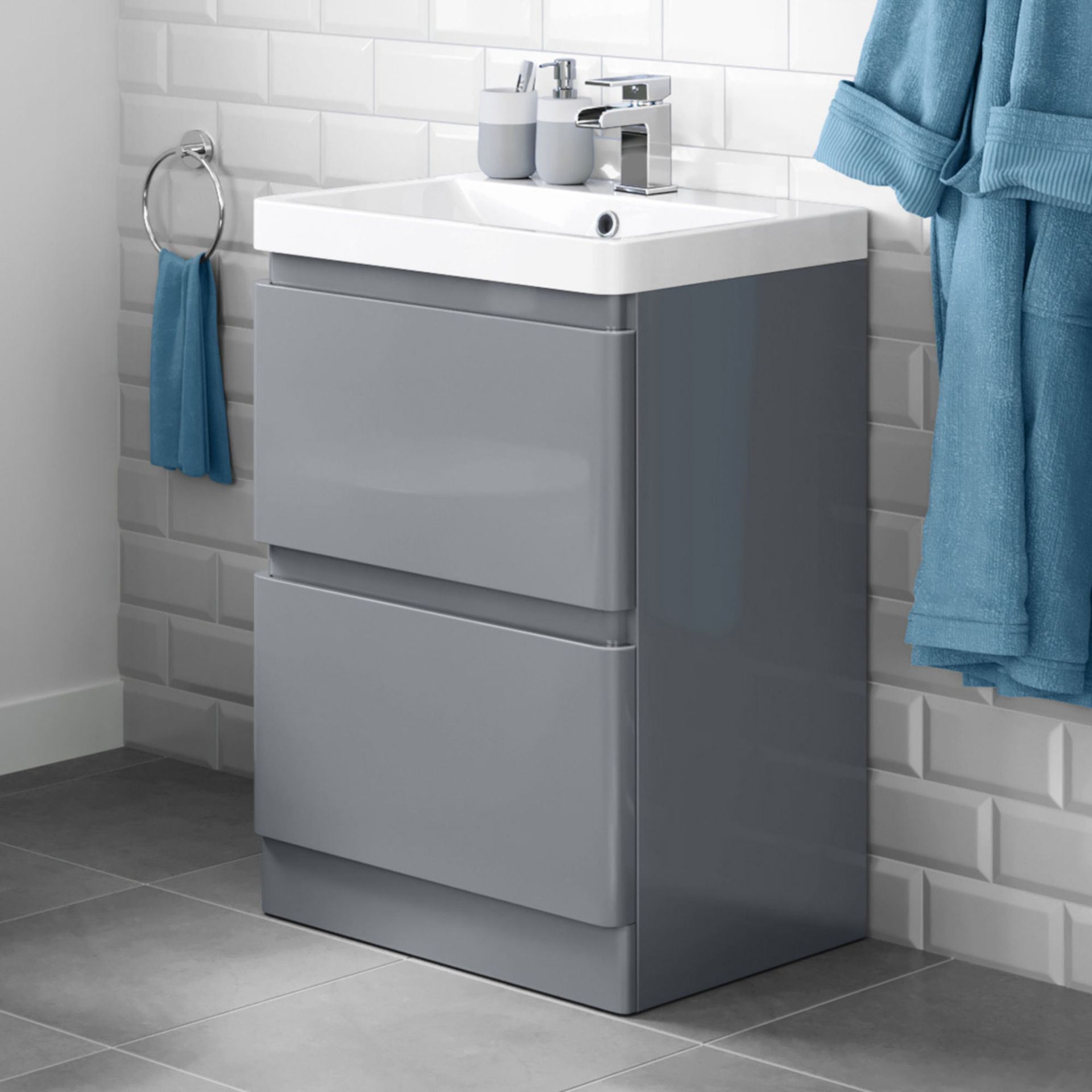 (PM7) 600mm Denver Gloss Grey Built In Sink Drawer Unit - Floor Standing. RRP £499.99. Comes ...