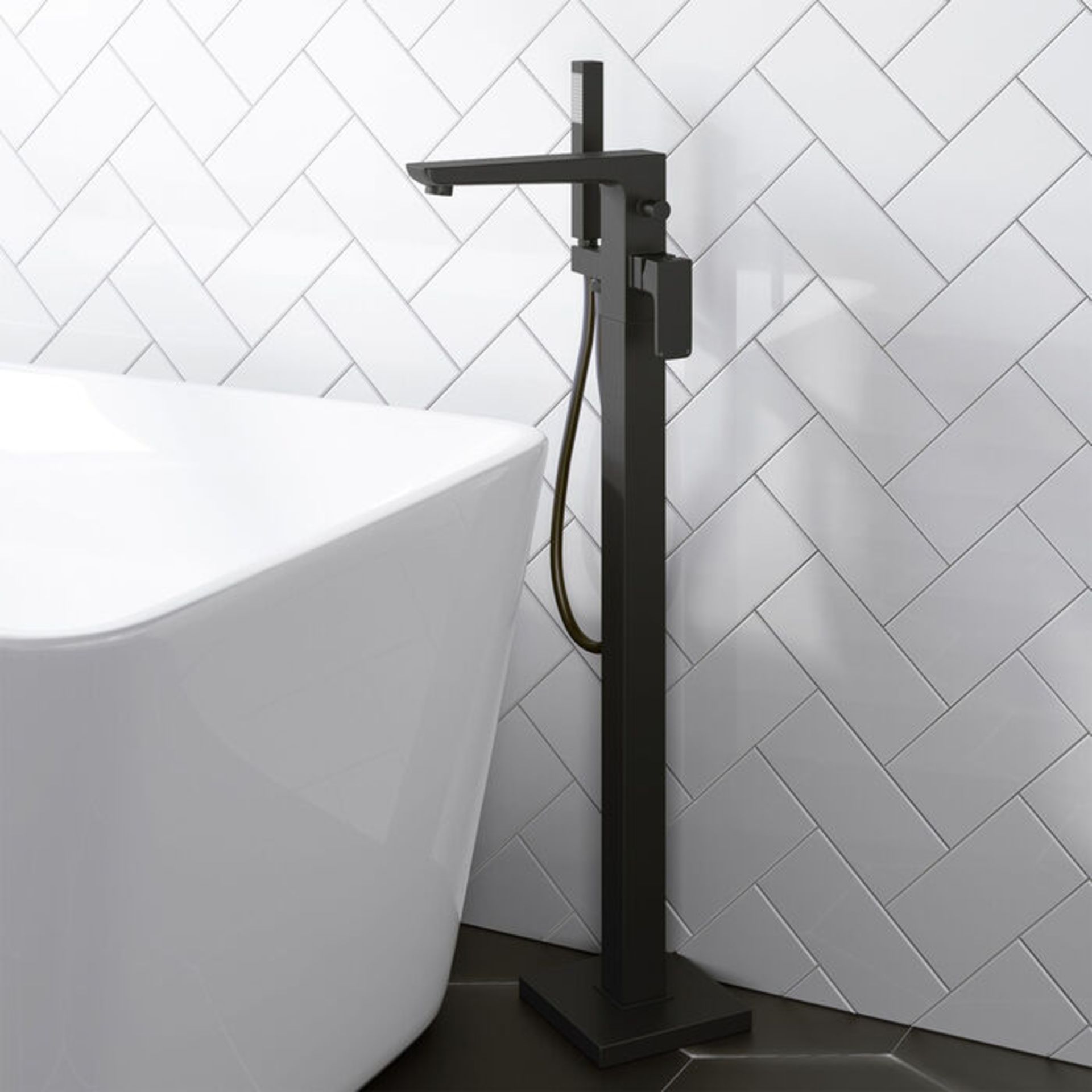 (PM6) Cube Matte Black Freestanding Bath Tap & Handheld. Contemporary matte finish PVC hose, o... - Image 3 of 4