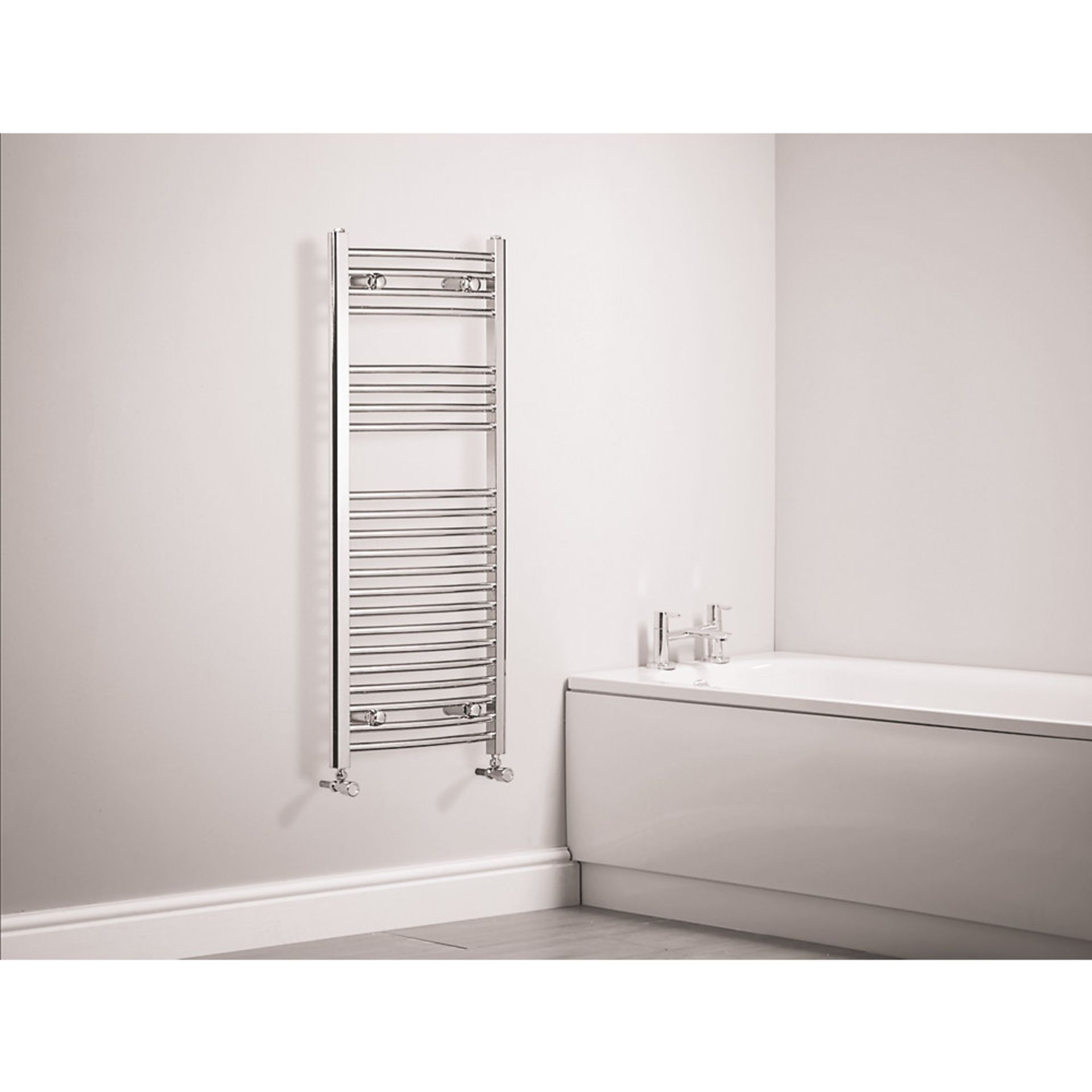(MC186) 1100 X 450MM CURVED TOWEL RADIATOR CHROME. Curved Chrome-Plated Mild Steel Construction This