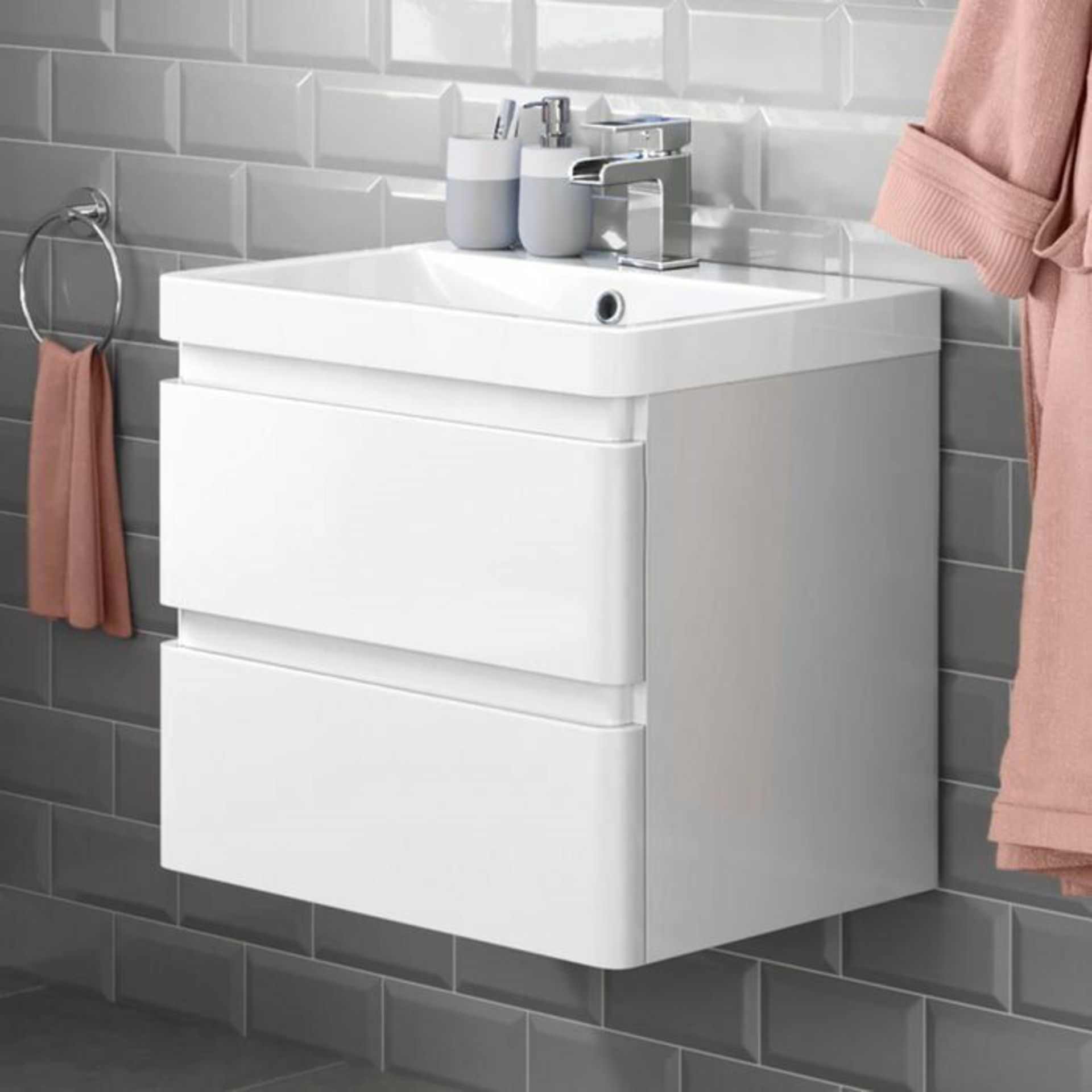 (J11) 600mm Denver Gloss White Built in basin- Wall Hung. RRP £549.99. Comes complete with bas...