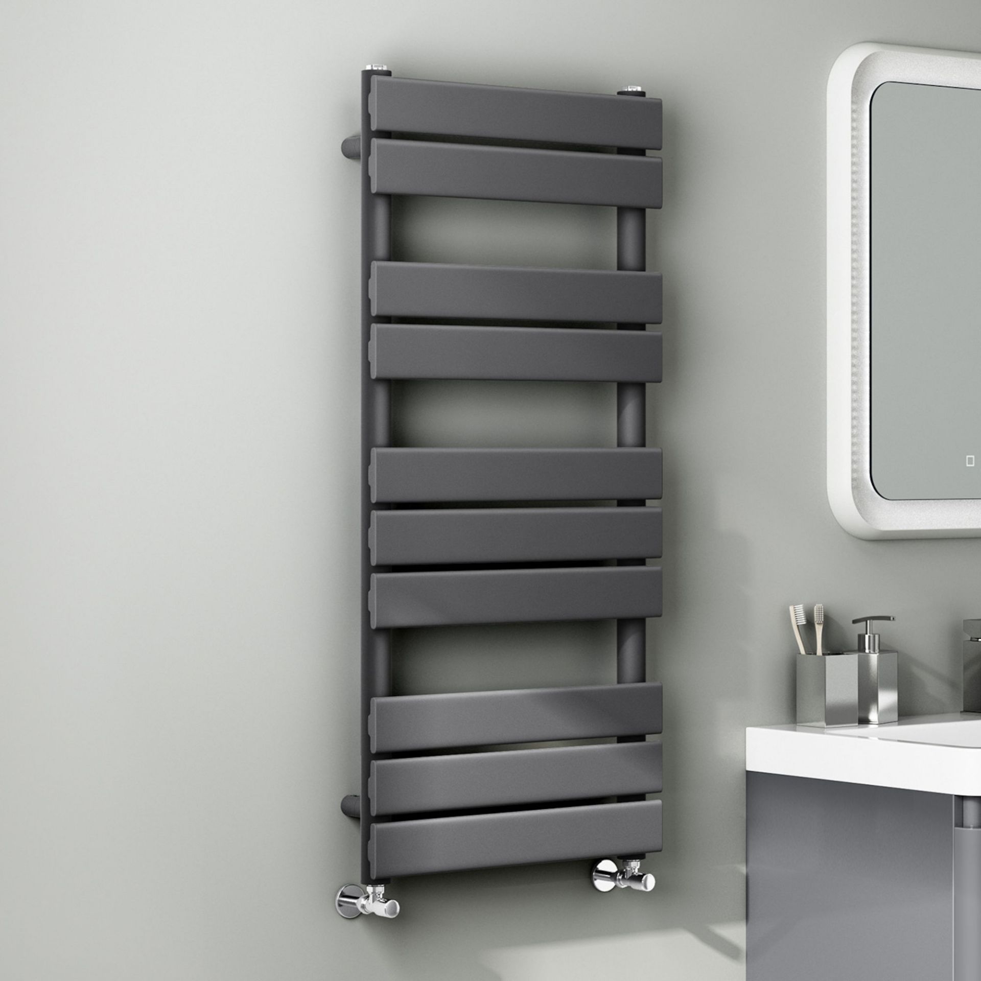 (G46) 1200x450mm Anthracite Flat Panel Ladder Towel Radiator. RRP £169.99. Made with low car...