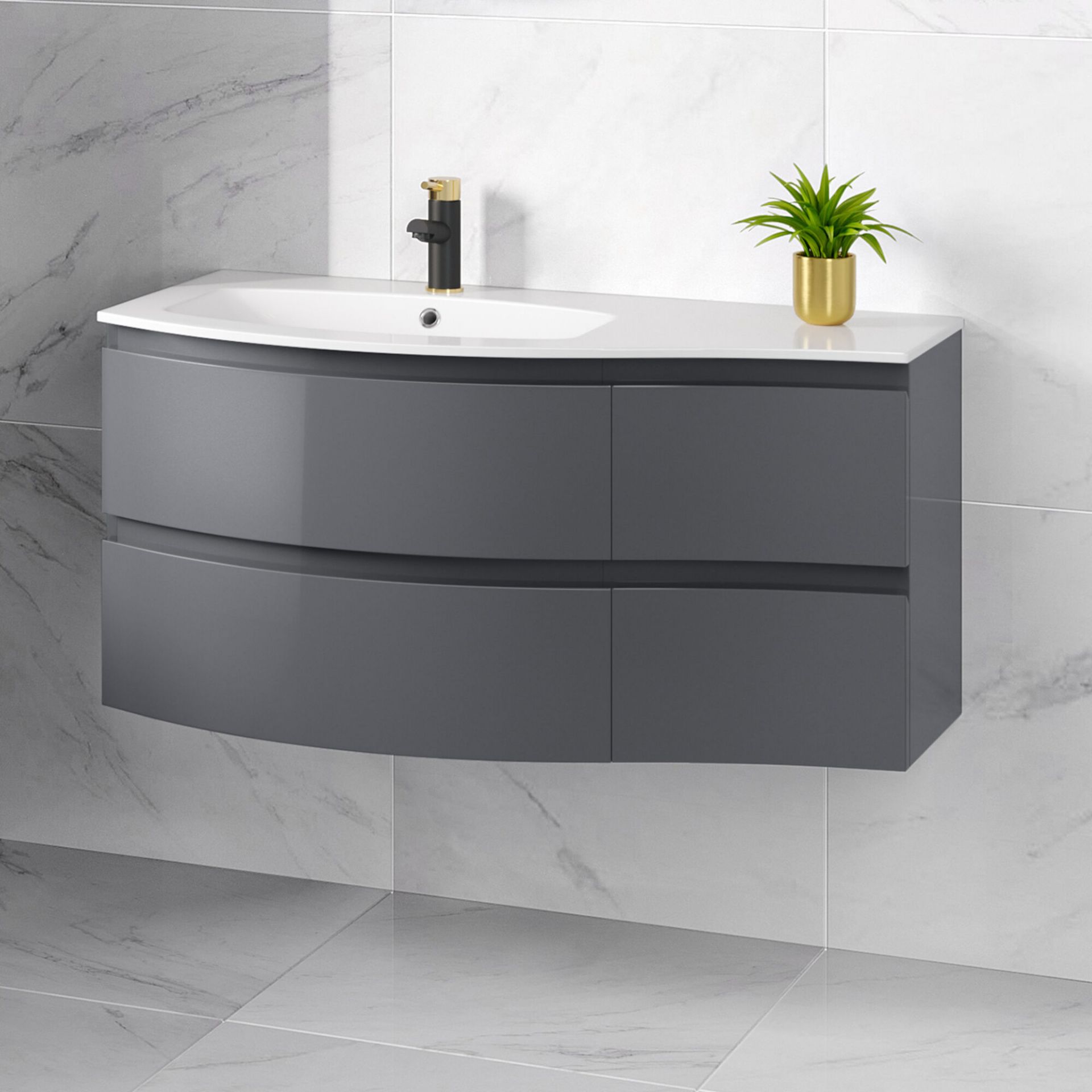(G2) 1040mm Amelie Gloss Grey Curved Vanity Unit - Left Hand - Wall Hung.Comes complete with ba...