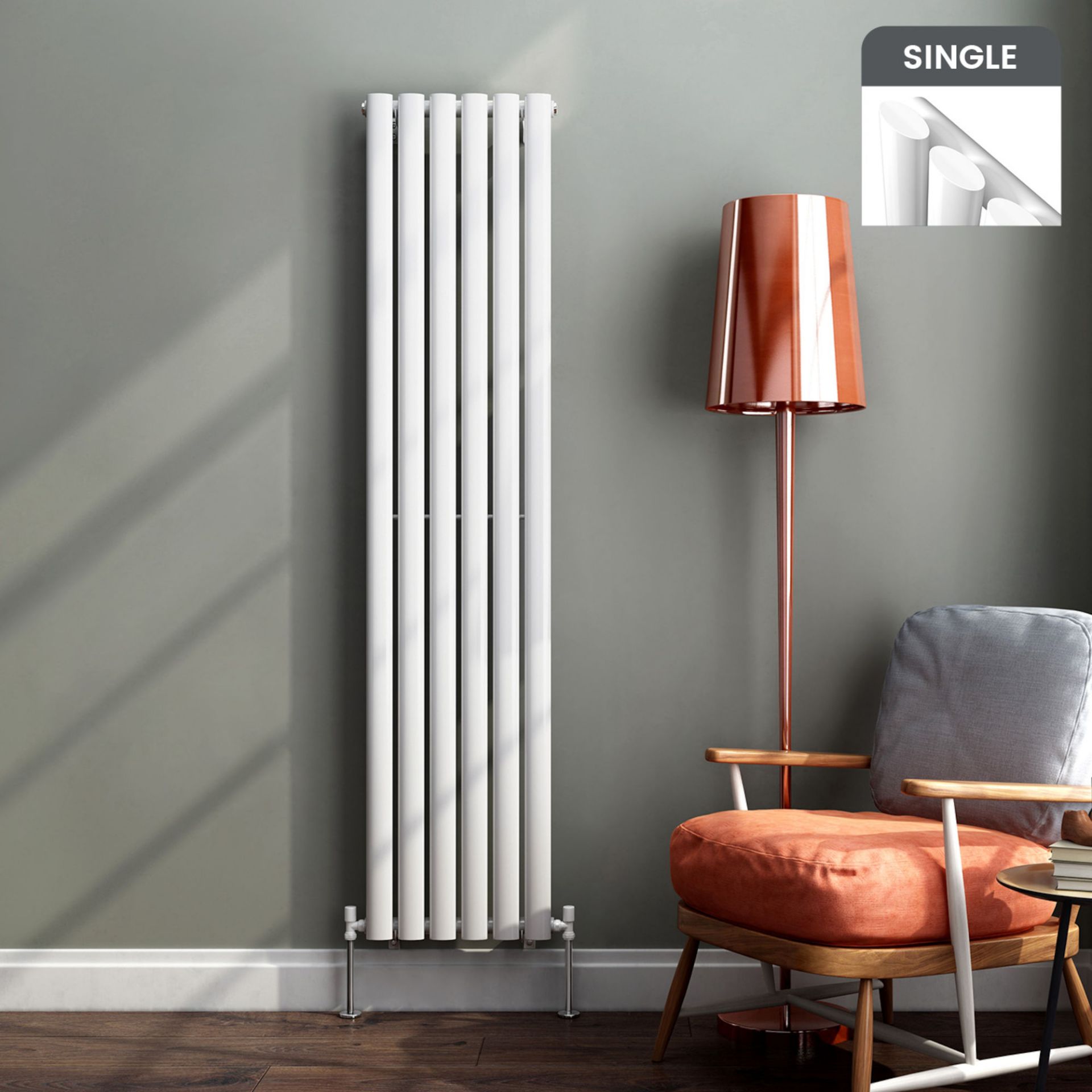 (G26) 1600x390mm Gloss White Single Oval Tube Vertical Radiator. RRP £244.99. This stylised ad...