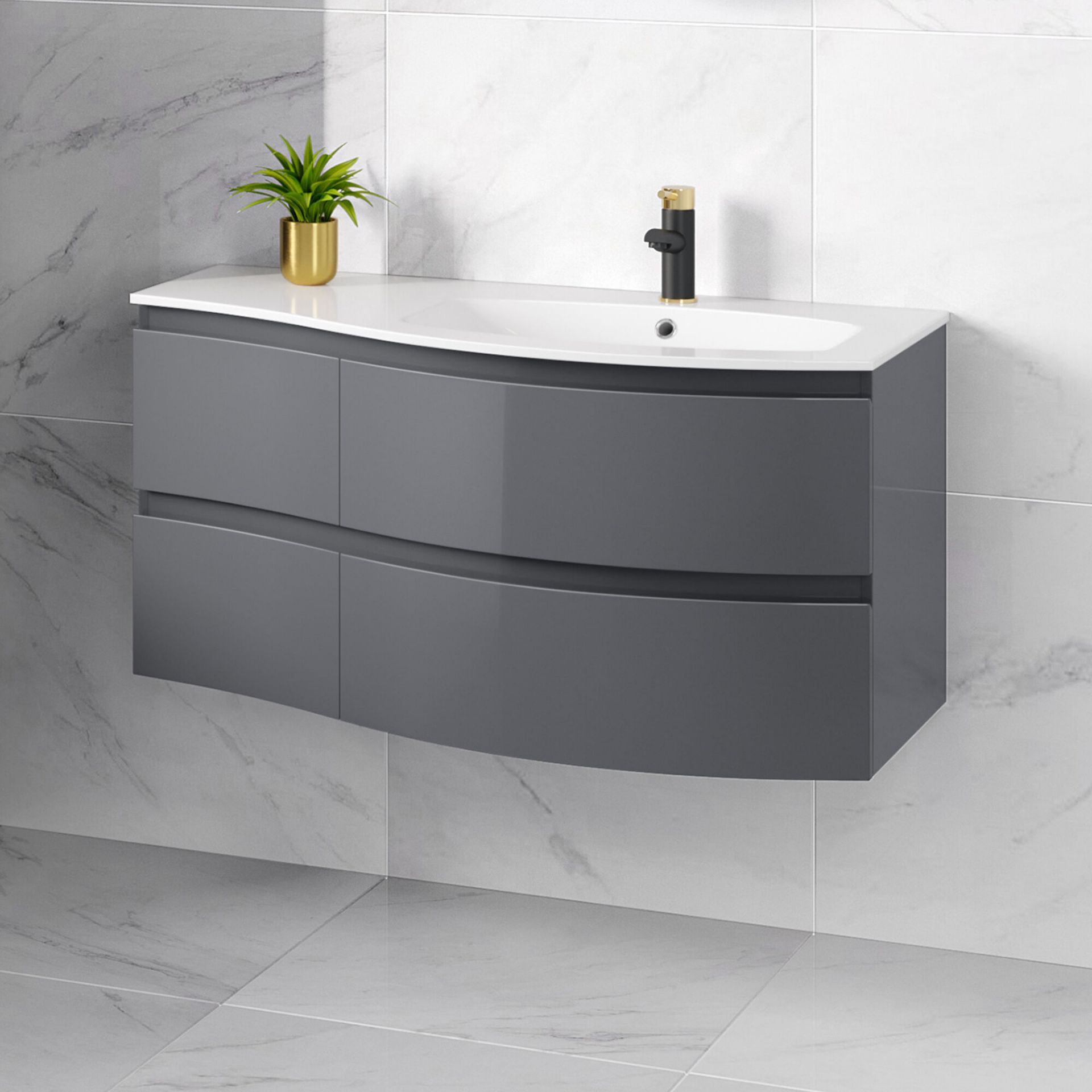 (G5) 1040mm Amelie Gloss Grey Curved Vanity Unit - Right Hand - Wall Hung. Comes complete with ...