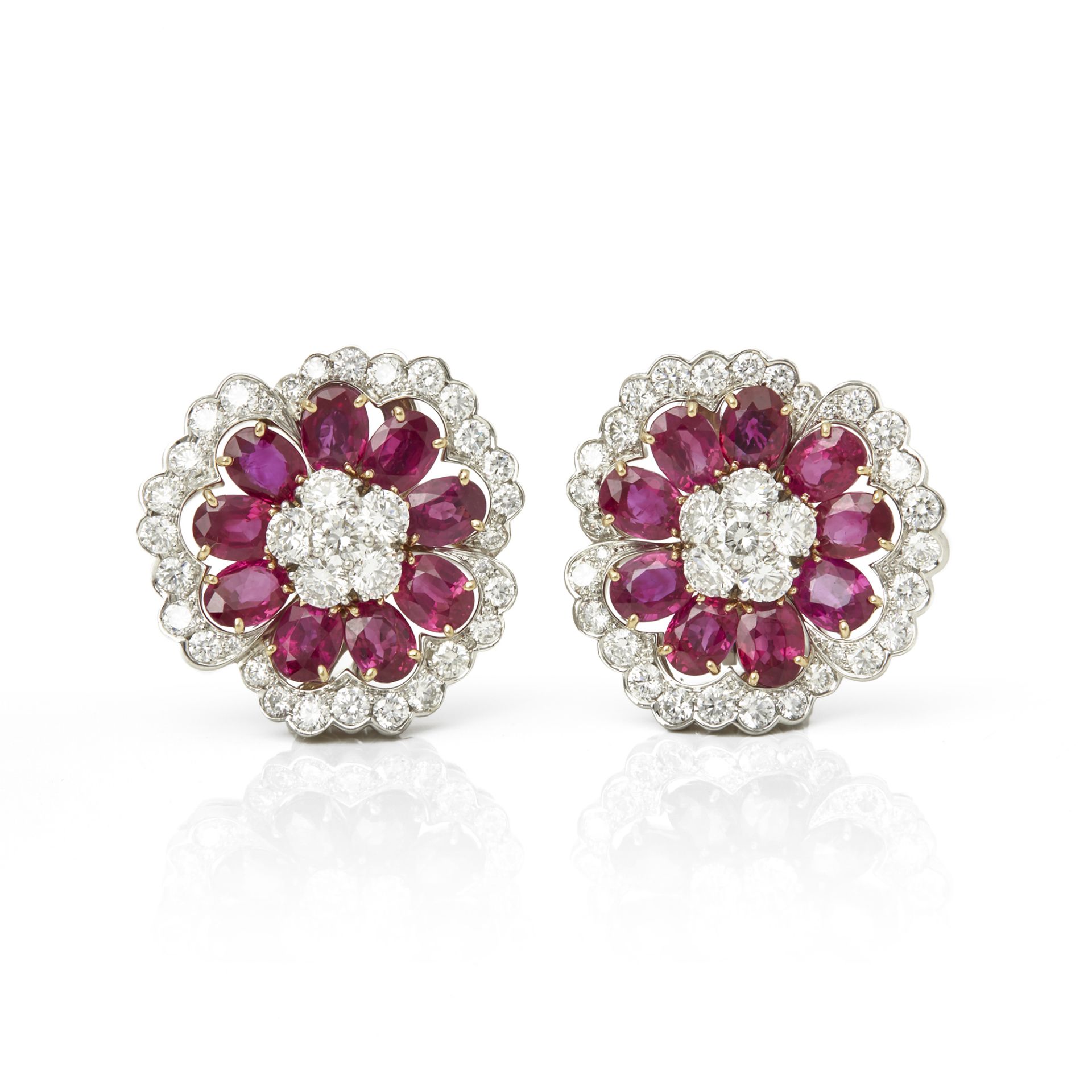 Platinum Ruby & Diamond Flower Camellia Earrings