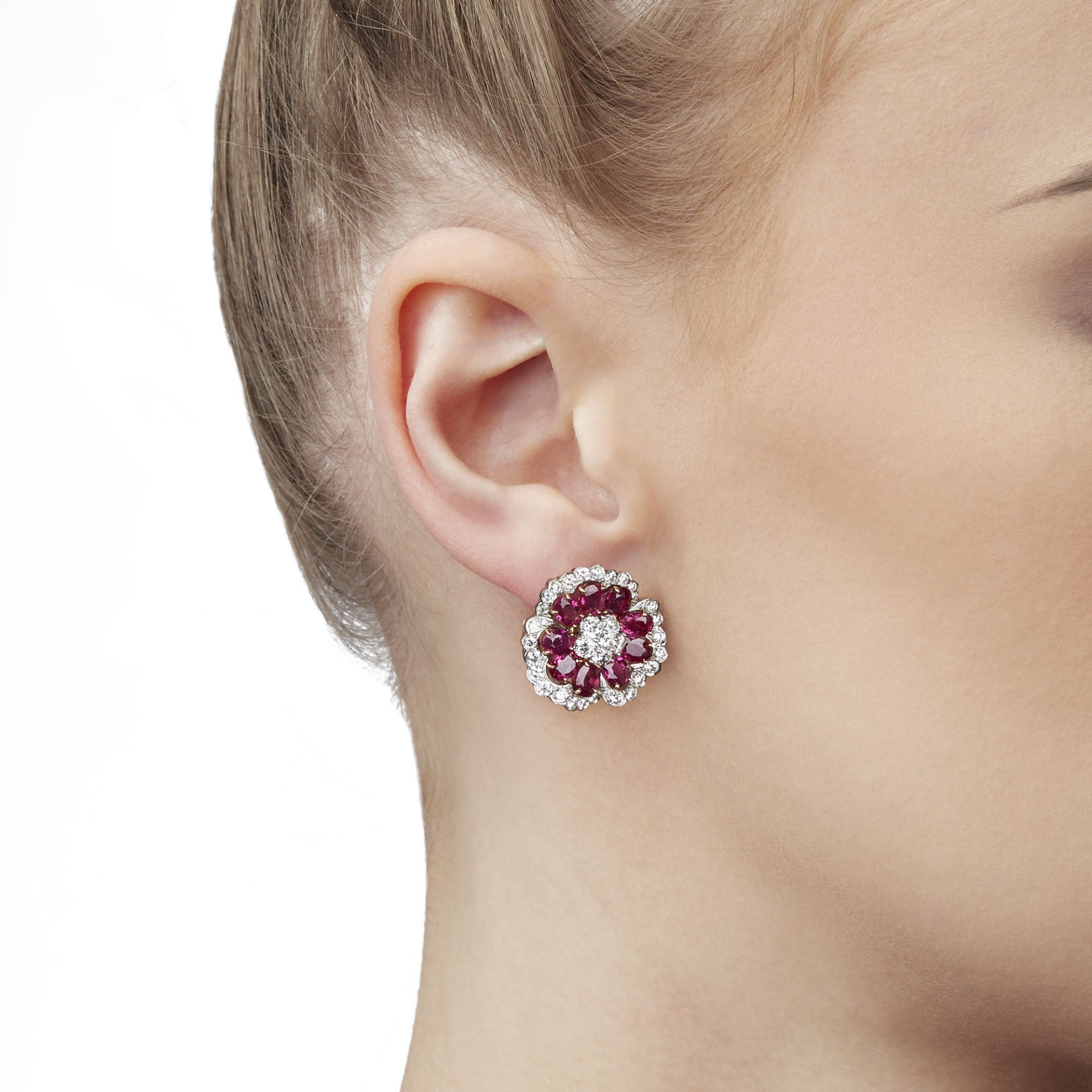 Platinum Ruby & Diamond Flower Camellia Earrings - Image 2 of 8