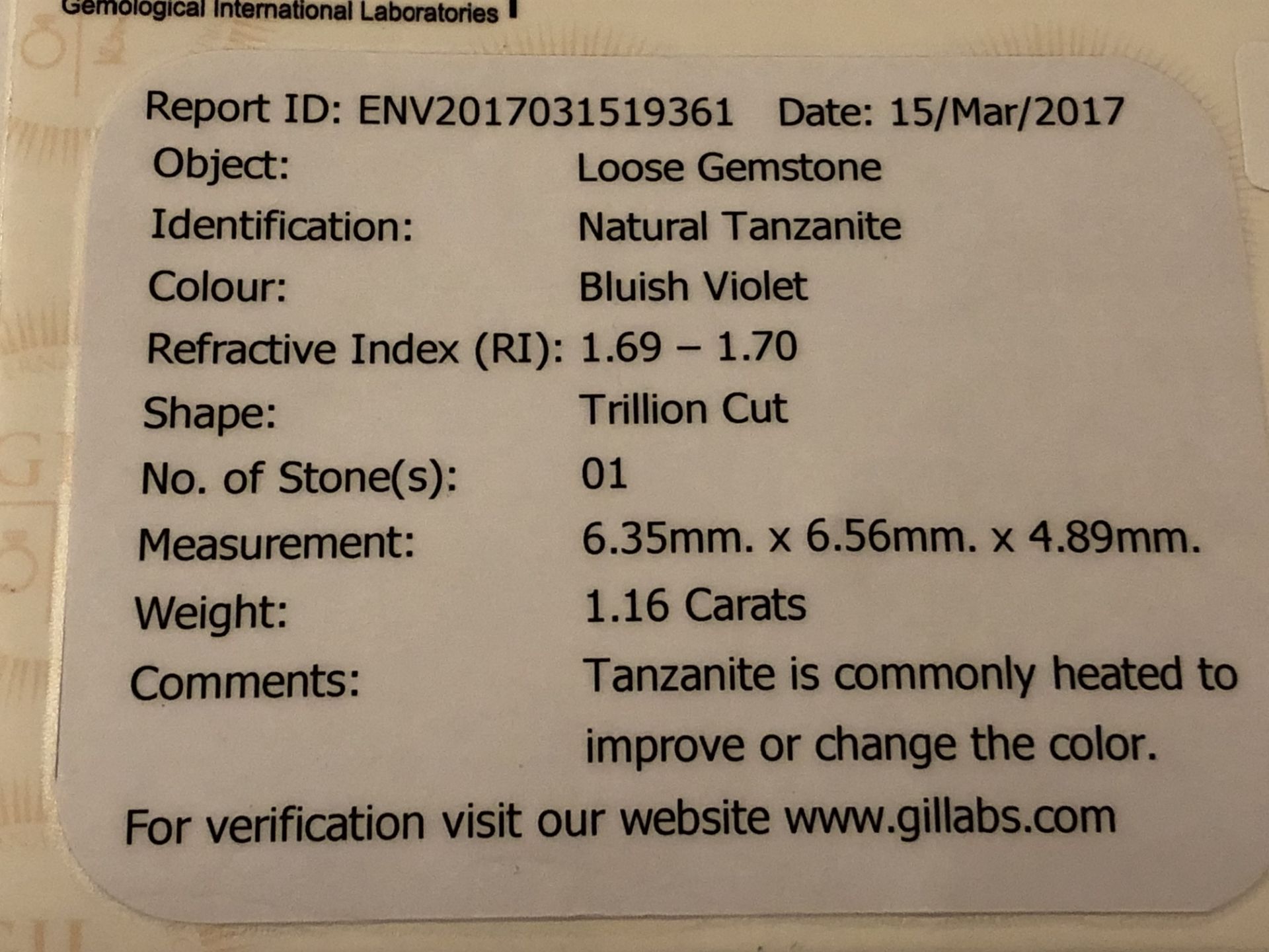 1.16ct Natural Tanzanite with GIL Certificate - Image 3 of 6