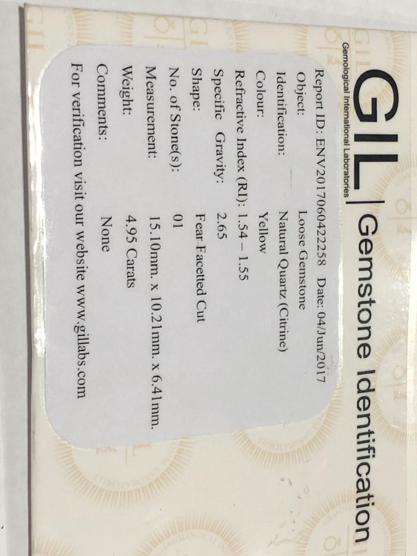 4.95ct Natural Quartz (Citrine) with GIL Certificate - Image 5 of 6