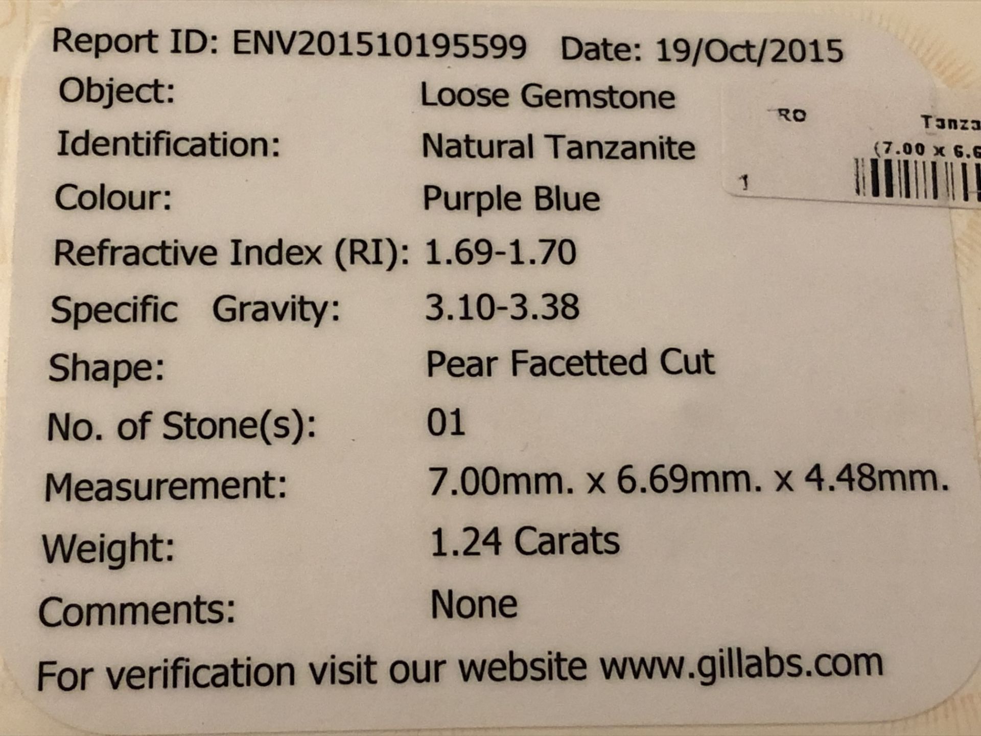 1.24ct Natural Tanzanite with GIL Certificate - Image 4 of 6