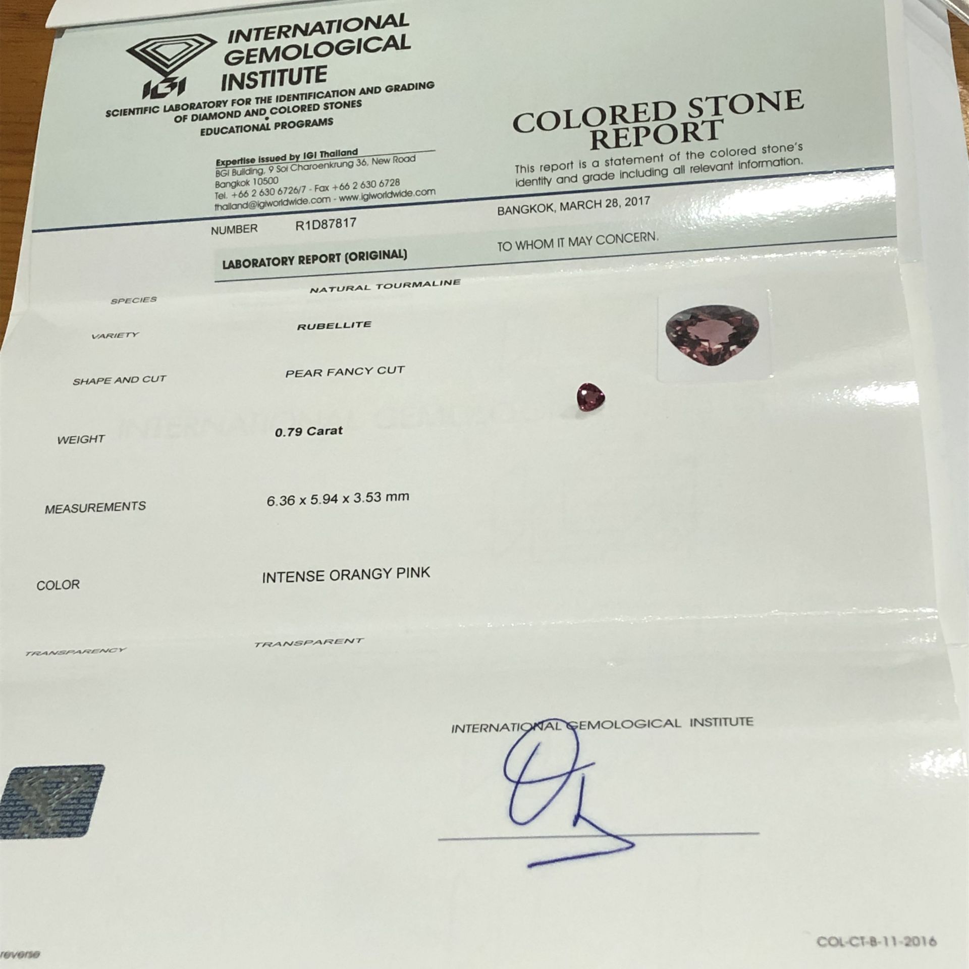 0.79ct Natural Rubellite with IGI Certificate - Image 3 of 8