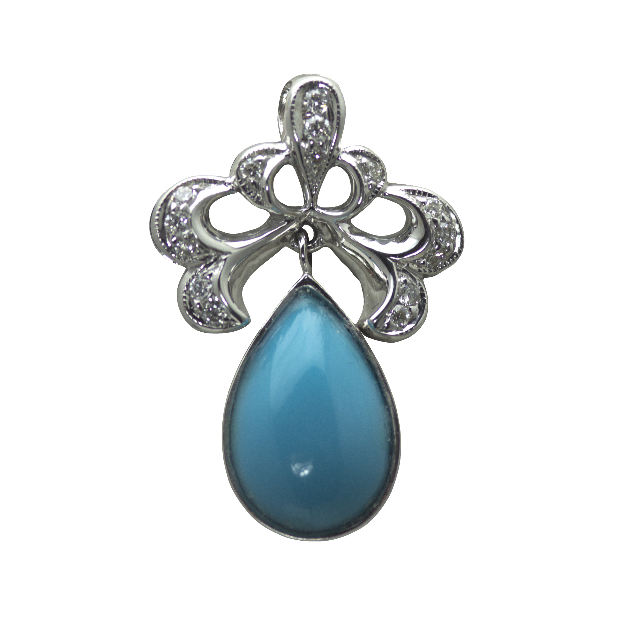 18ct White Gold Pear shaped Turquoise Drop with Diamond top. Total Diamond weight 0.17ct