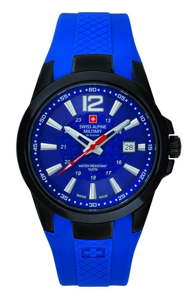 Swiss Alpine Military PVD Black Cased Watch with PU Blue strap