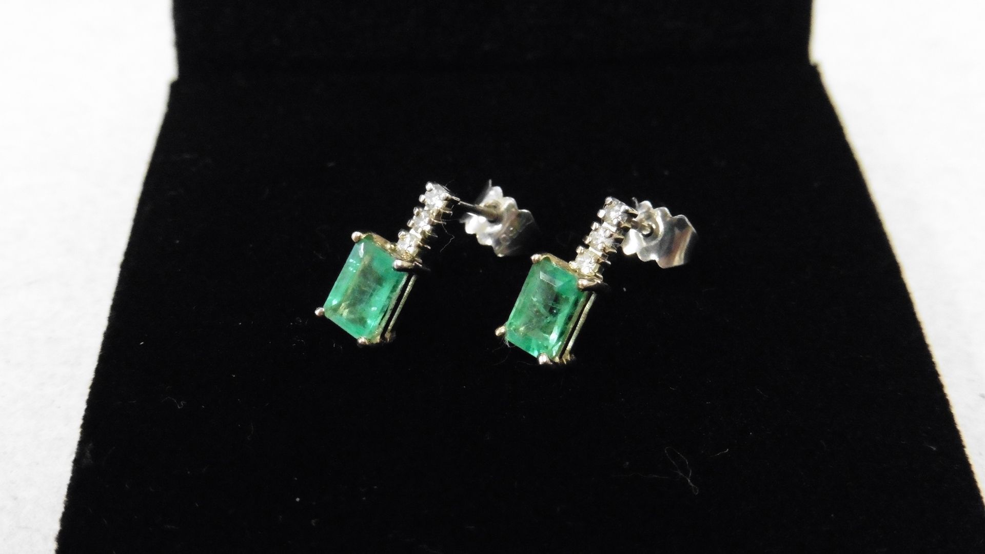 Emerald And Diamond Drop Style Earrings Each Set With An Rectangular Cut Emerald, - Image 2 of 3