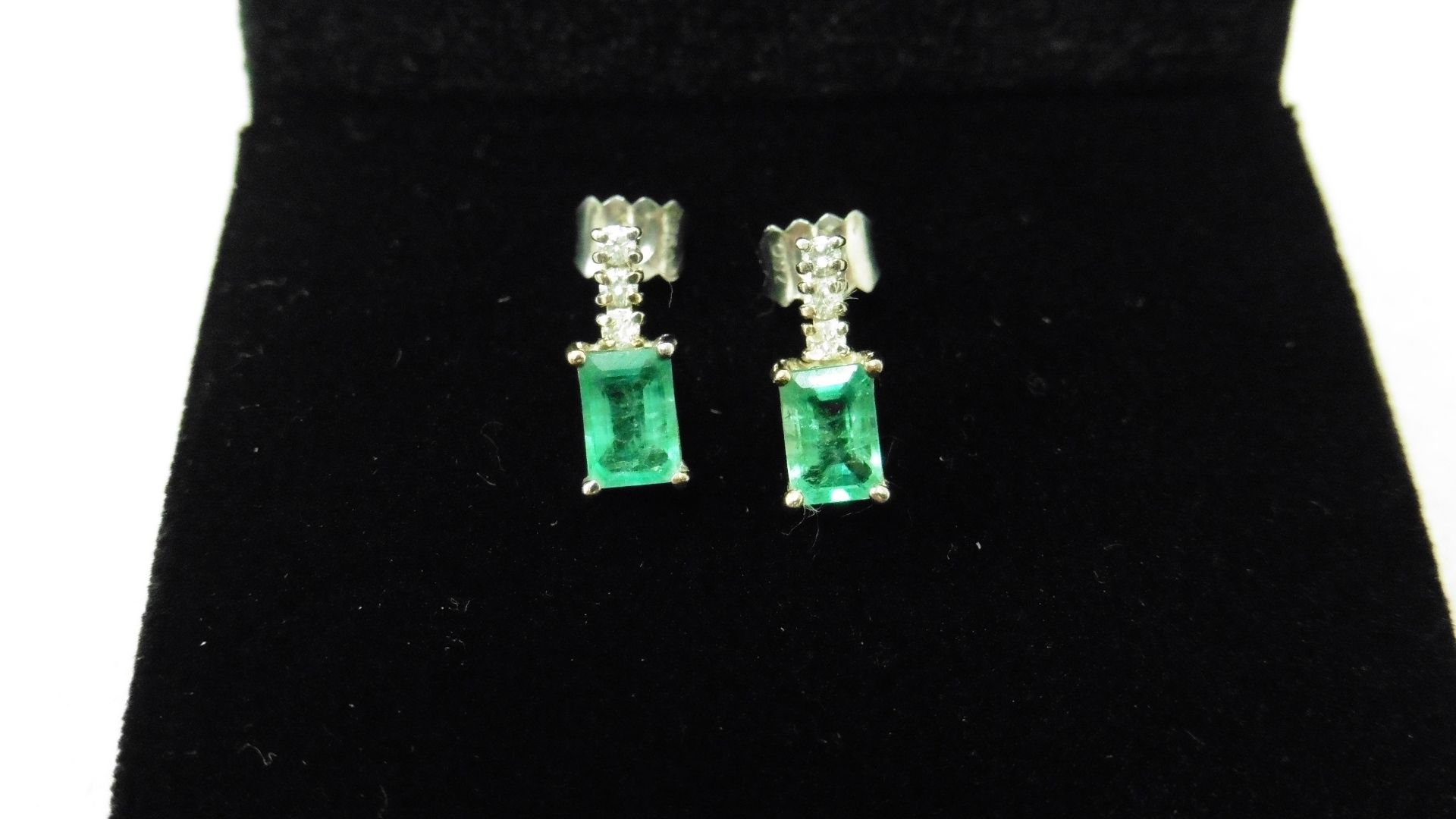 Emerald And Diamond Drop Style Earrings Each Set With An Rectangular Cut Emerald,
