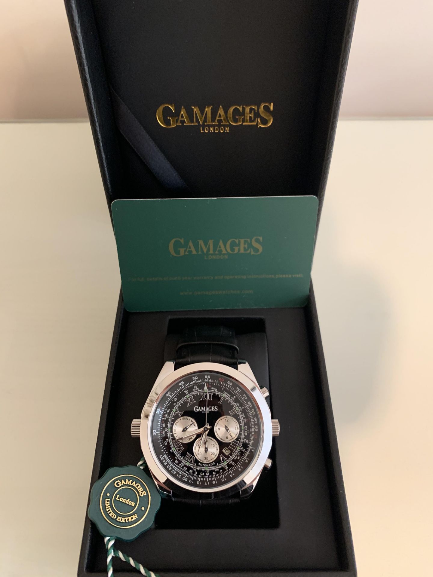 Limited Edition Hand Assembled GAMAGES Rotating Sports Automatic Black –5Yr Warranty & Free Delivery