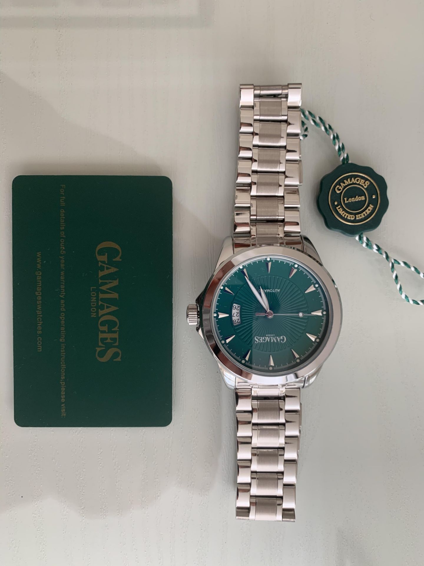 Limited Edition Hand Assembled GAMAGES Open Date Automatic Emerald – 5 Year Warranty & Free Delivery - Image 8 of 10