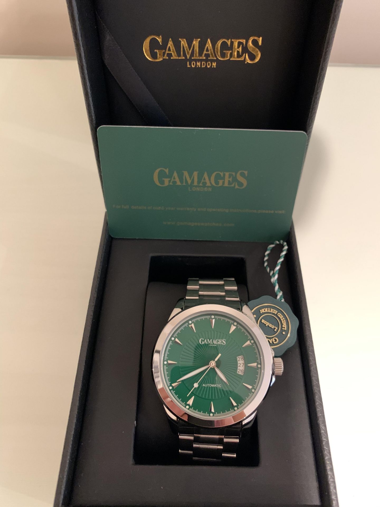 Limited Edition Hand Assembled GAMAGES Open Date Automatic Emerald – 5 Year Warranty & Free Delivery