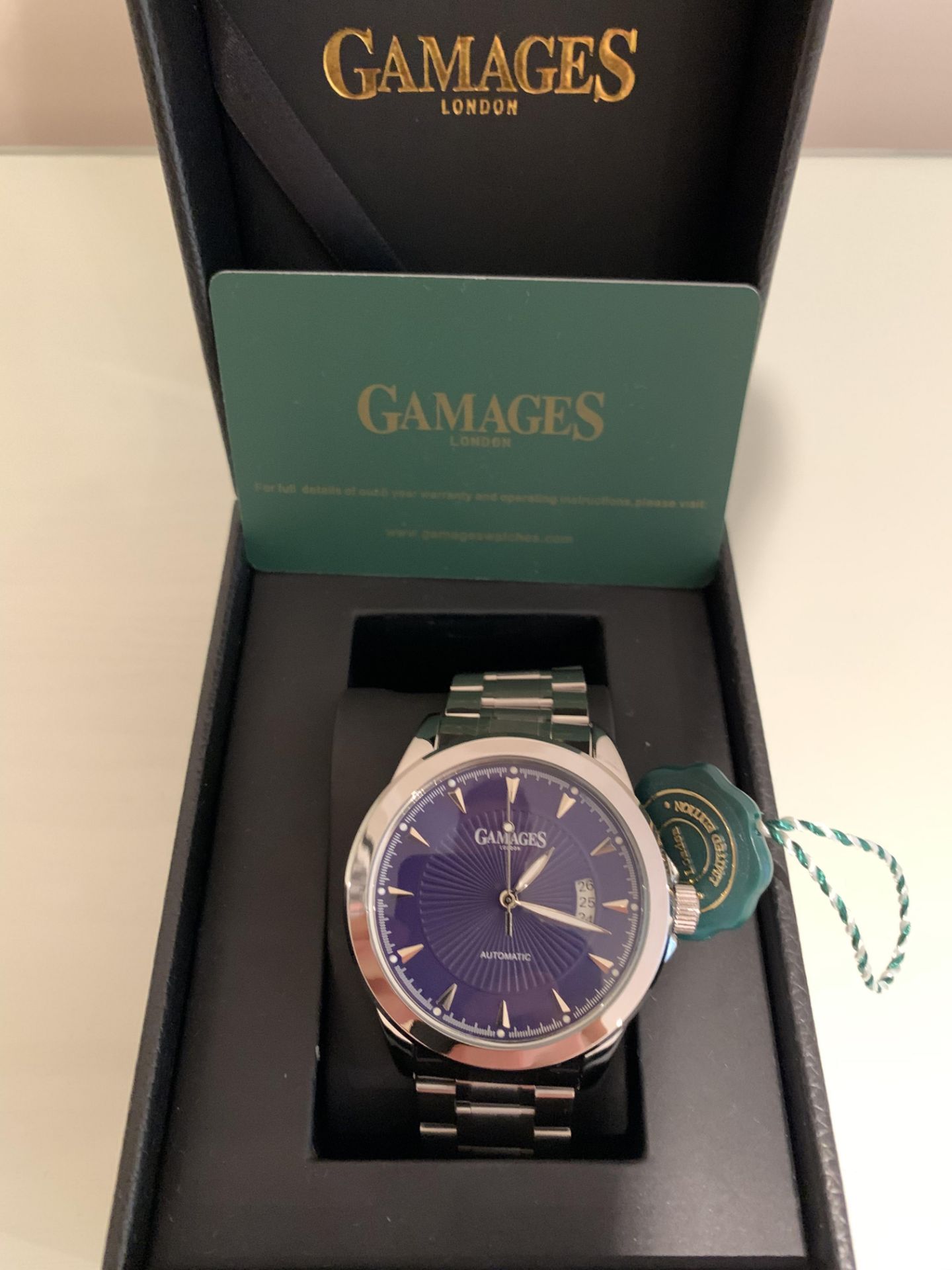 Limited Edition Hand Assembled GAMAGES Open Date Automatic Blue – 5 Year Warranty & Free Delivery