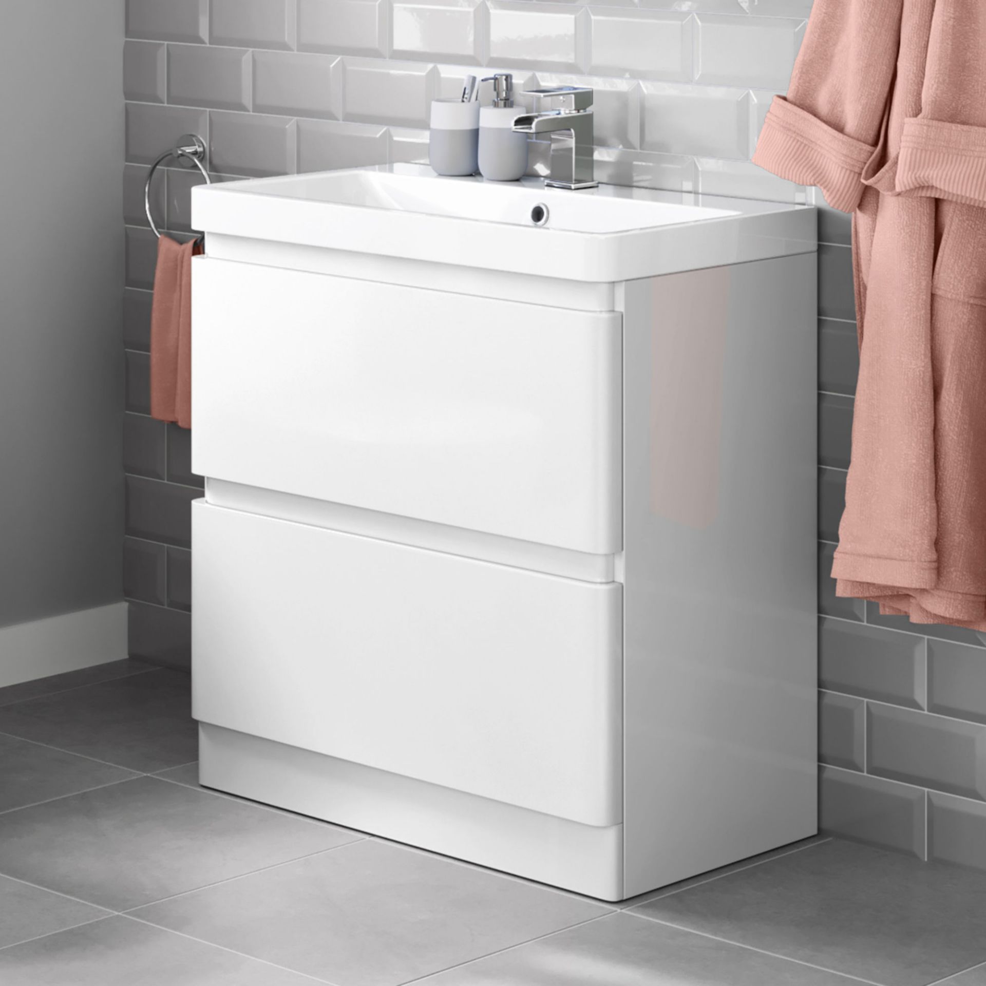 (CP29) 800mm Denver II Standing Cabinet High Gloss White + Washbasin. RRP £549.99. Comes compl...