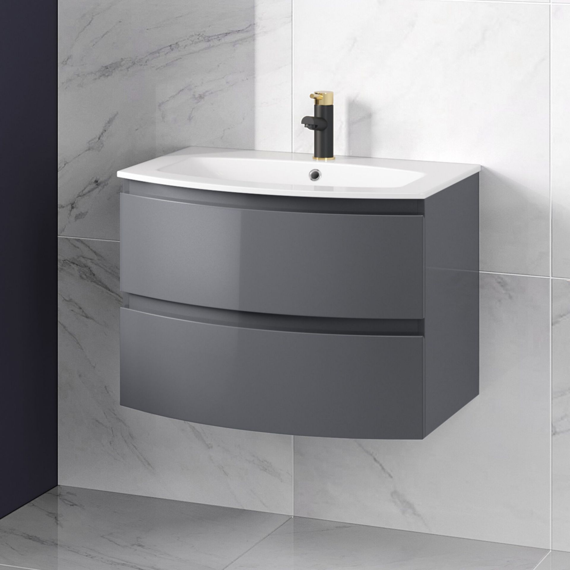 (CP6) 700mm Amelie Gloss Grey Curved Vanity Unit - Wall Hung. RRP £549.99. Comes complete with...