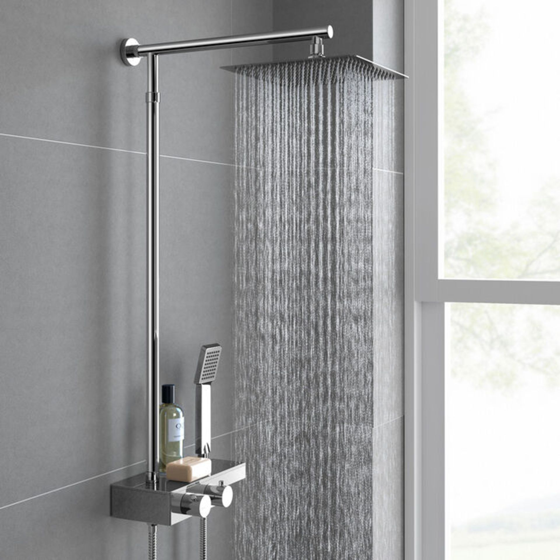 (CP140) Square Exposed Thermostatic Mixer Shower Kit With Handheld & Storage Shelf. Includes a...
