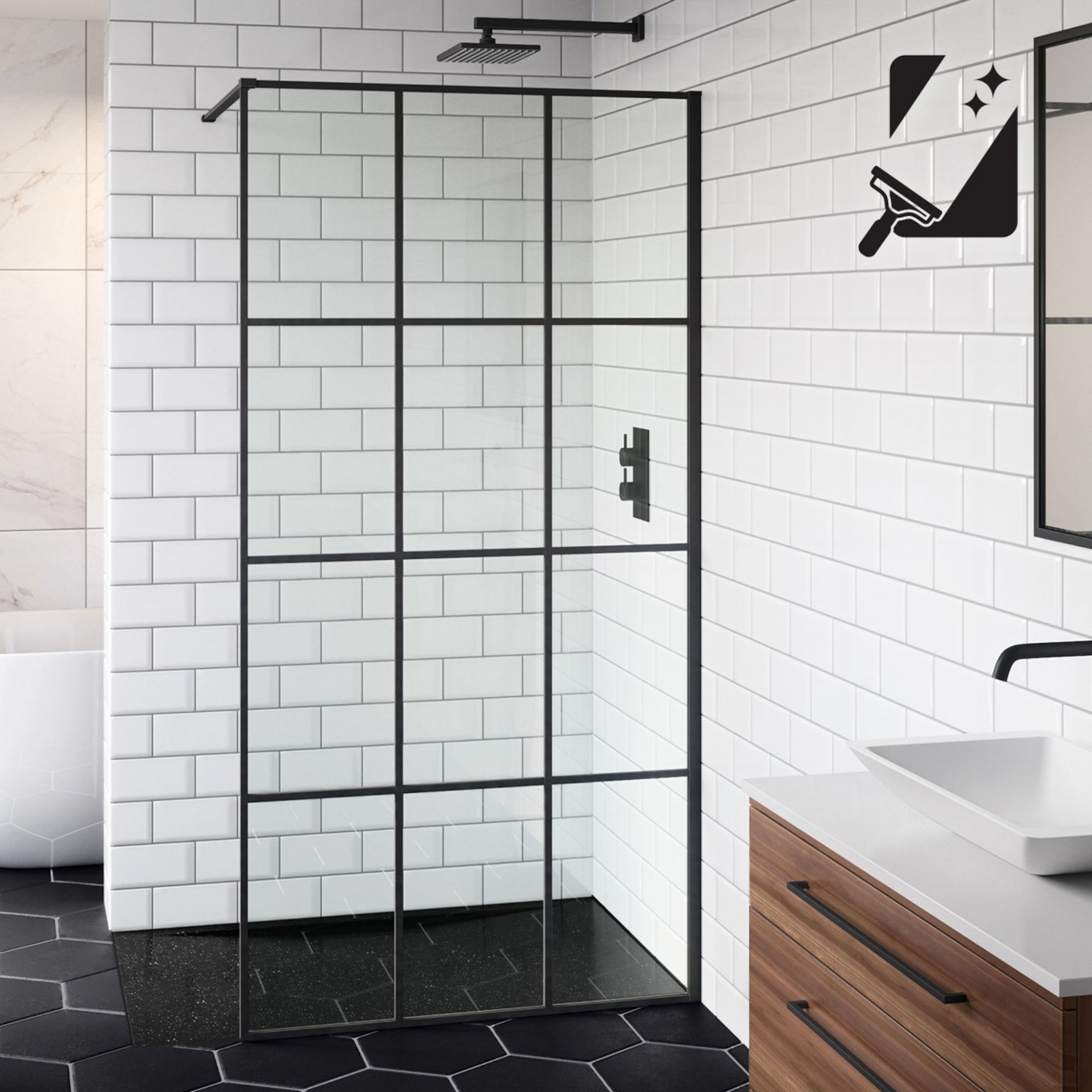 (CP180) 1000mm - 8mm Designer Black Shoji Crittall Style Shower Screen. RRP £499.99. Stylish m...