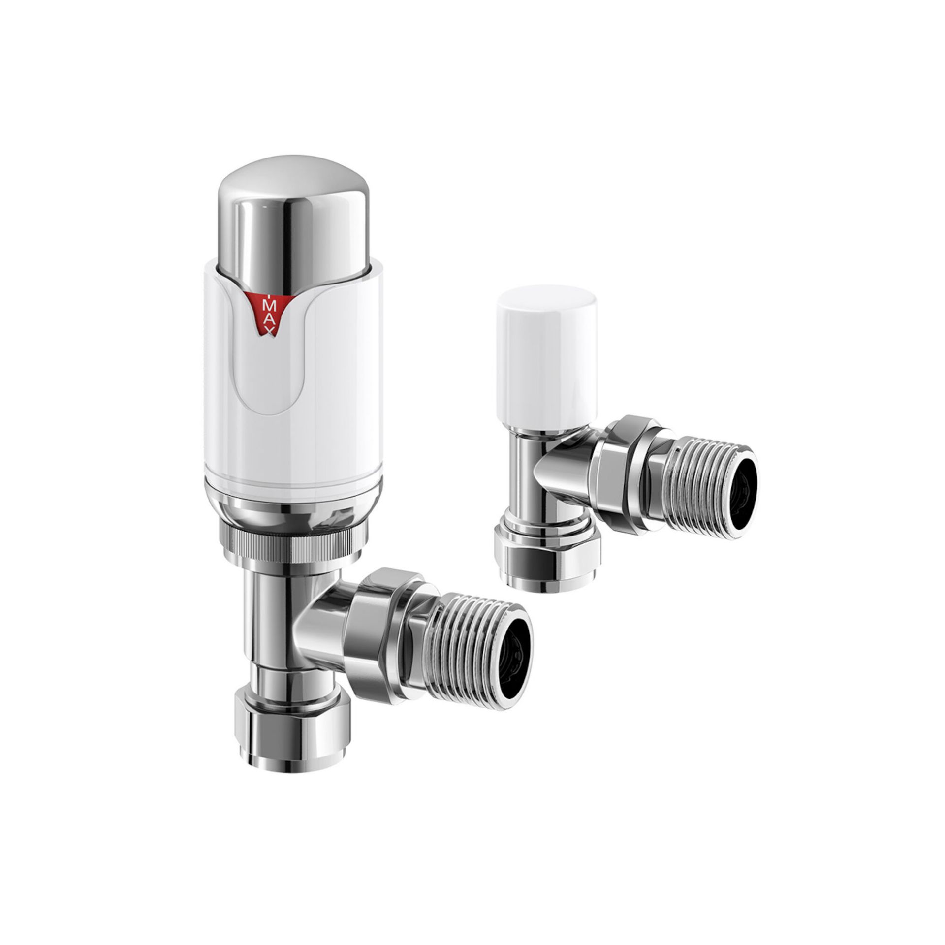 (E1015) 15mm Standard Connection Thermostatic Angled Gloss White & Chrome Radiator Valves Soli... - Image 2 of 3