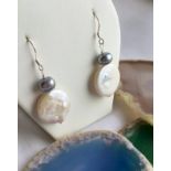 Coin Freshwater Cultured Pearl with grey cultured pearl 925 silver earrings