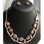 Metallic Freshwater Cultured Pearls Jasper Coins Necklace and Earrings 925 silver