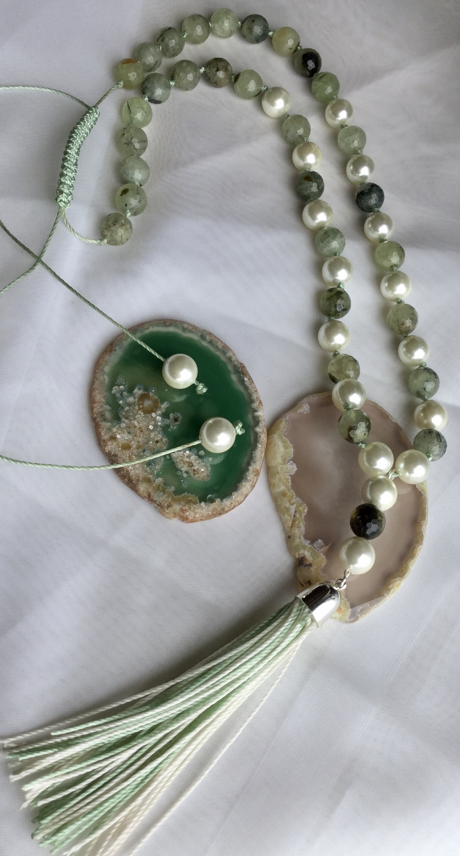 Prehnite Faceted Rounds with Pearls 36” long Macrame slider Long tassel - Image 6 of 8