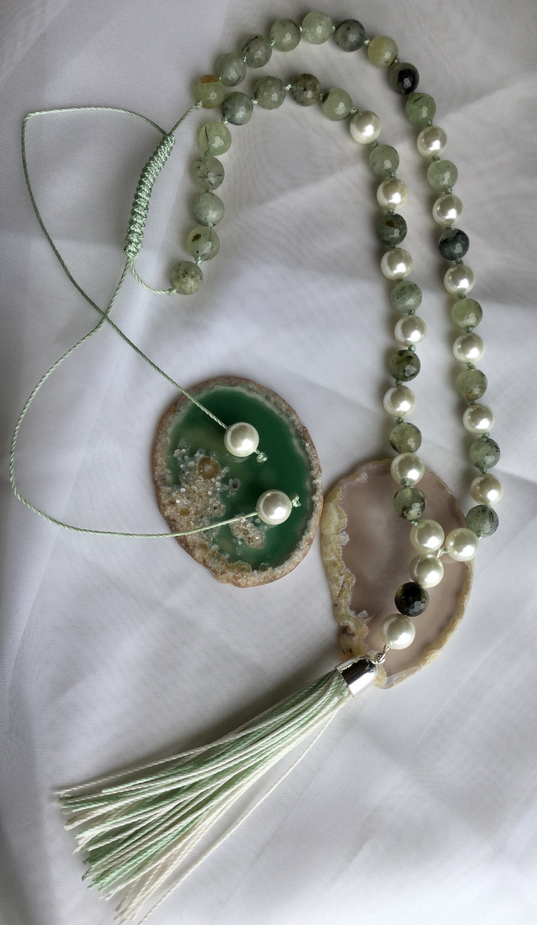 Prehnite Faceted Rounds with Pearls 36” long Macrame slider Long tassel - Image 5 of 8