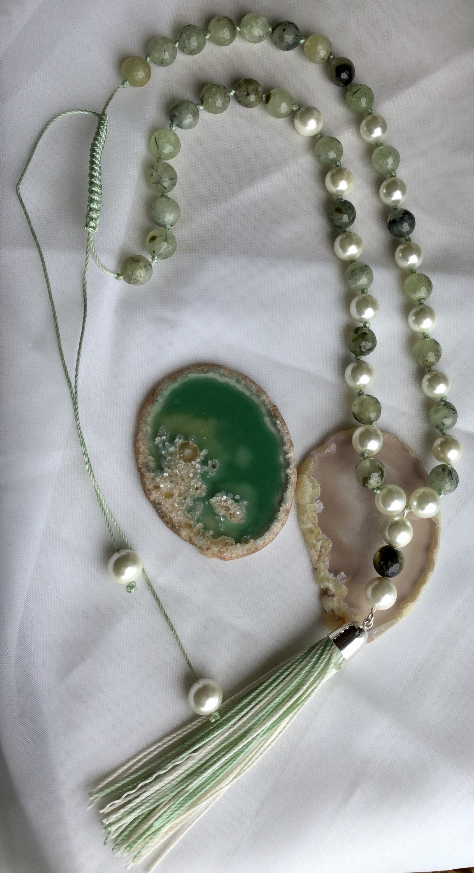 Prehnite Faceted Rounds with Pearls 36” long Macrame slider Long tassel - Image 8 of 8