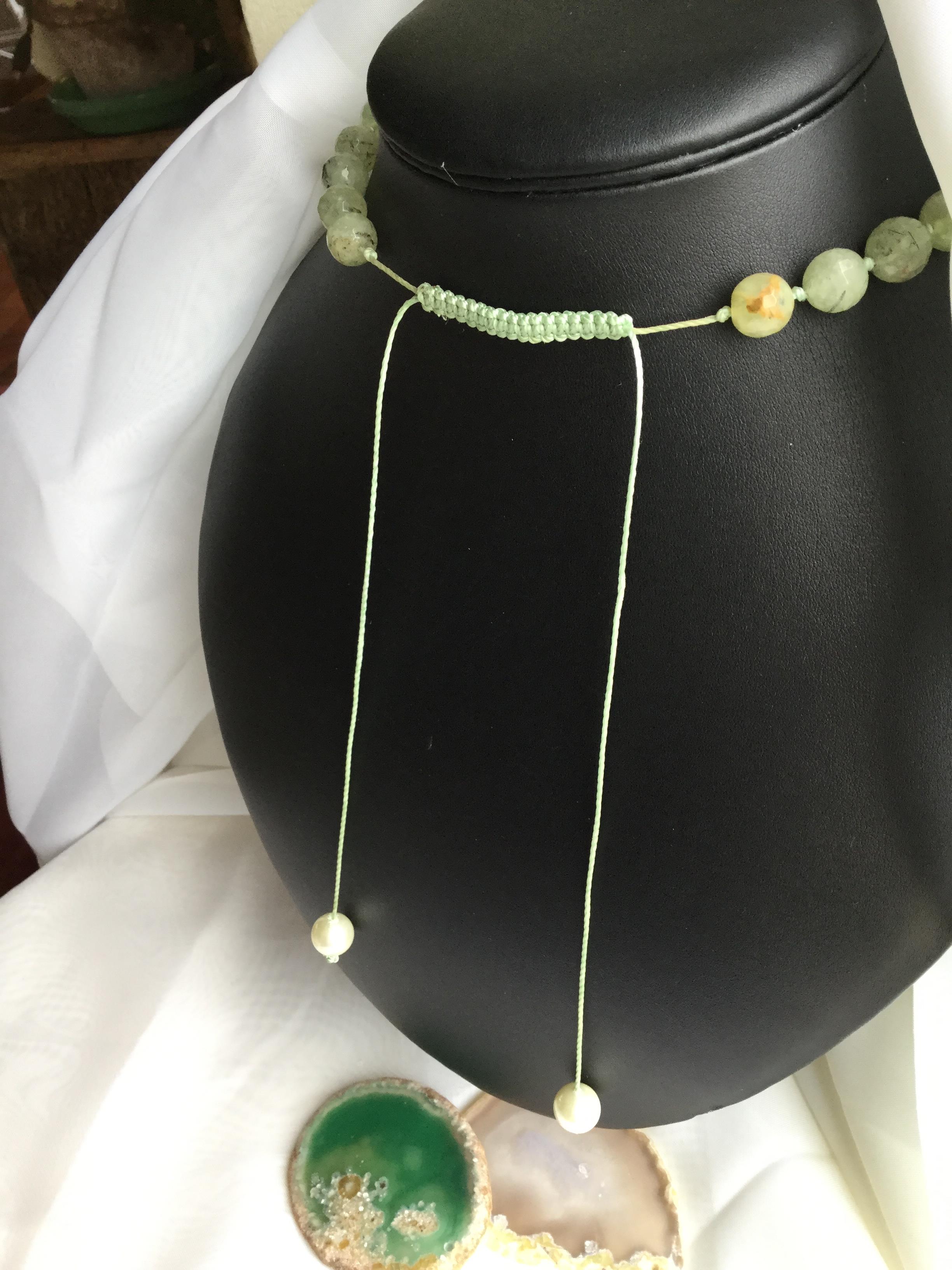 Prehnite Faceted Rounds with Pearls 36” long Macrame slider Long tassel - Image 2 of 8