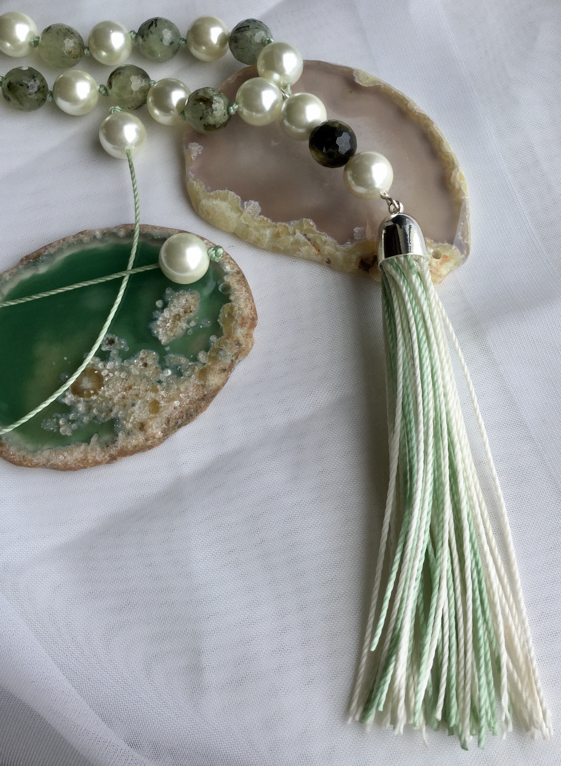 Prehnite Faceted Rounds with Pearls 36” long Macrame slider Long tassel - Image 3 of 8