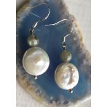 Drop earrings on 925 silver hooks metallic Coin cultured freshwater pearl and Labradorite