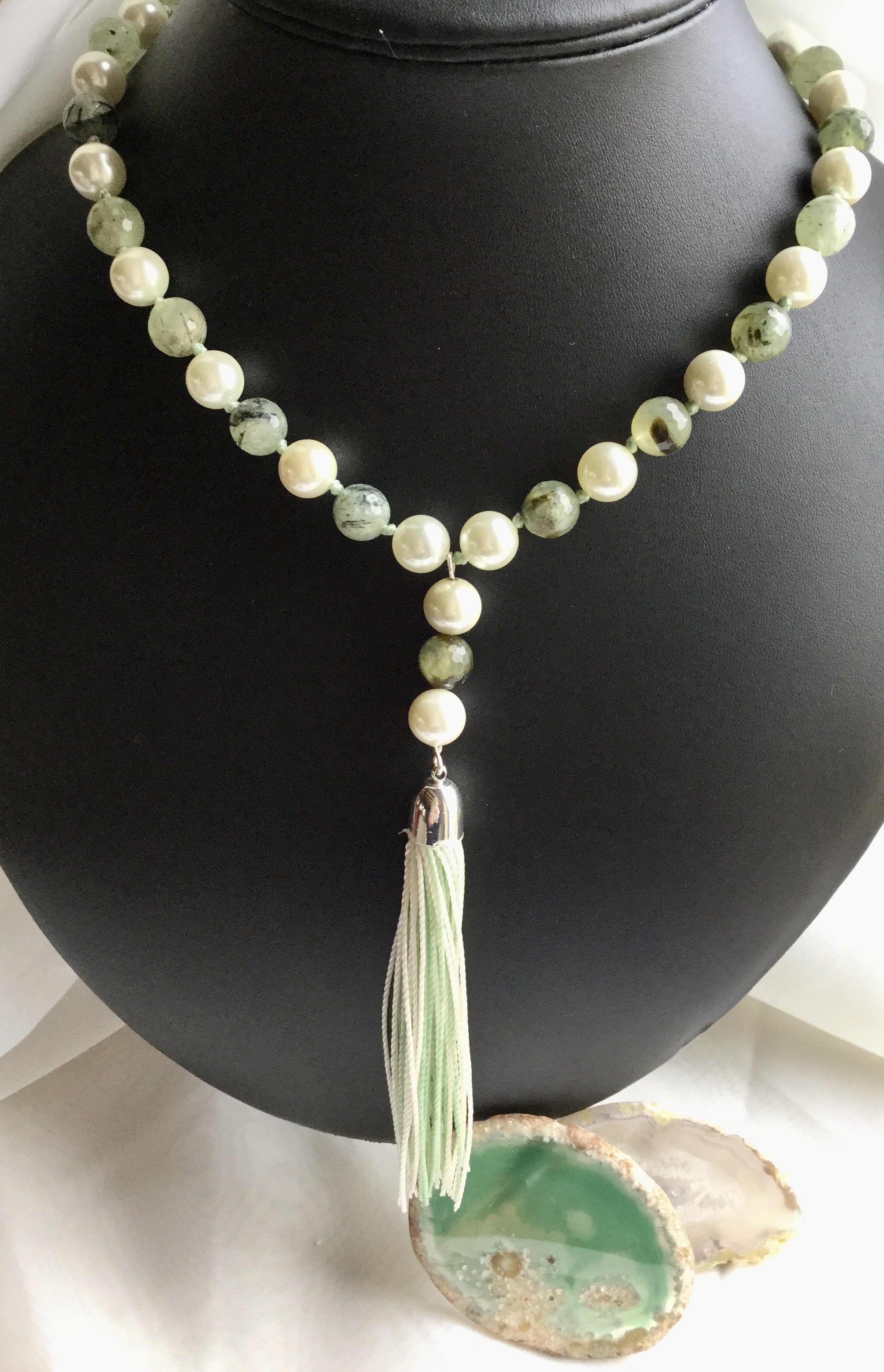 Prehnite Faceted Rounds with Pearls 36” long Macrame slider Long tassel - Image 4 of 8