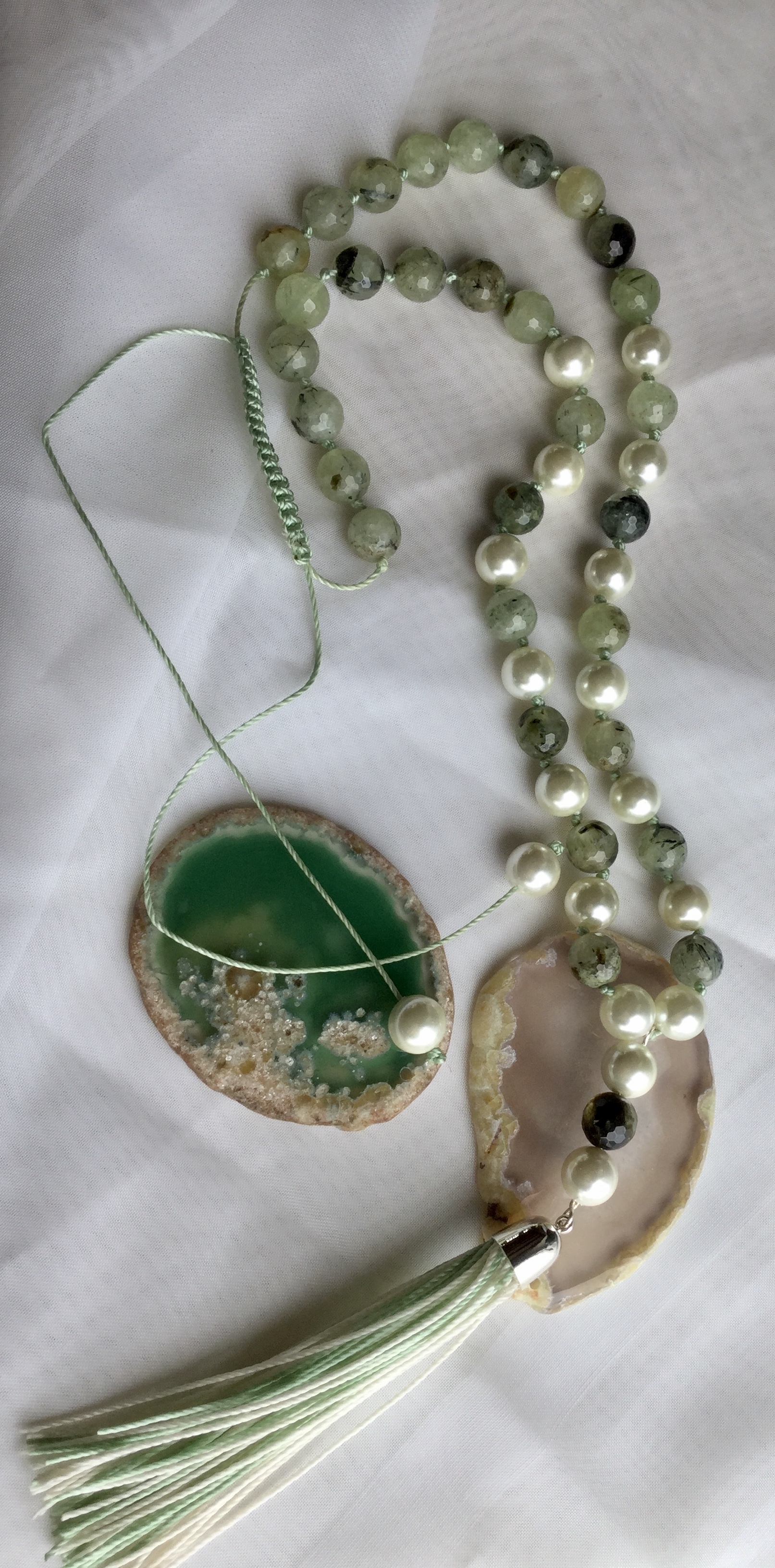 Prehnite Faceted Rounds with Pearls 36” long Macrame slider Long tassel - Image 7 of 8