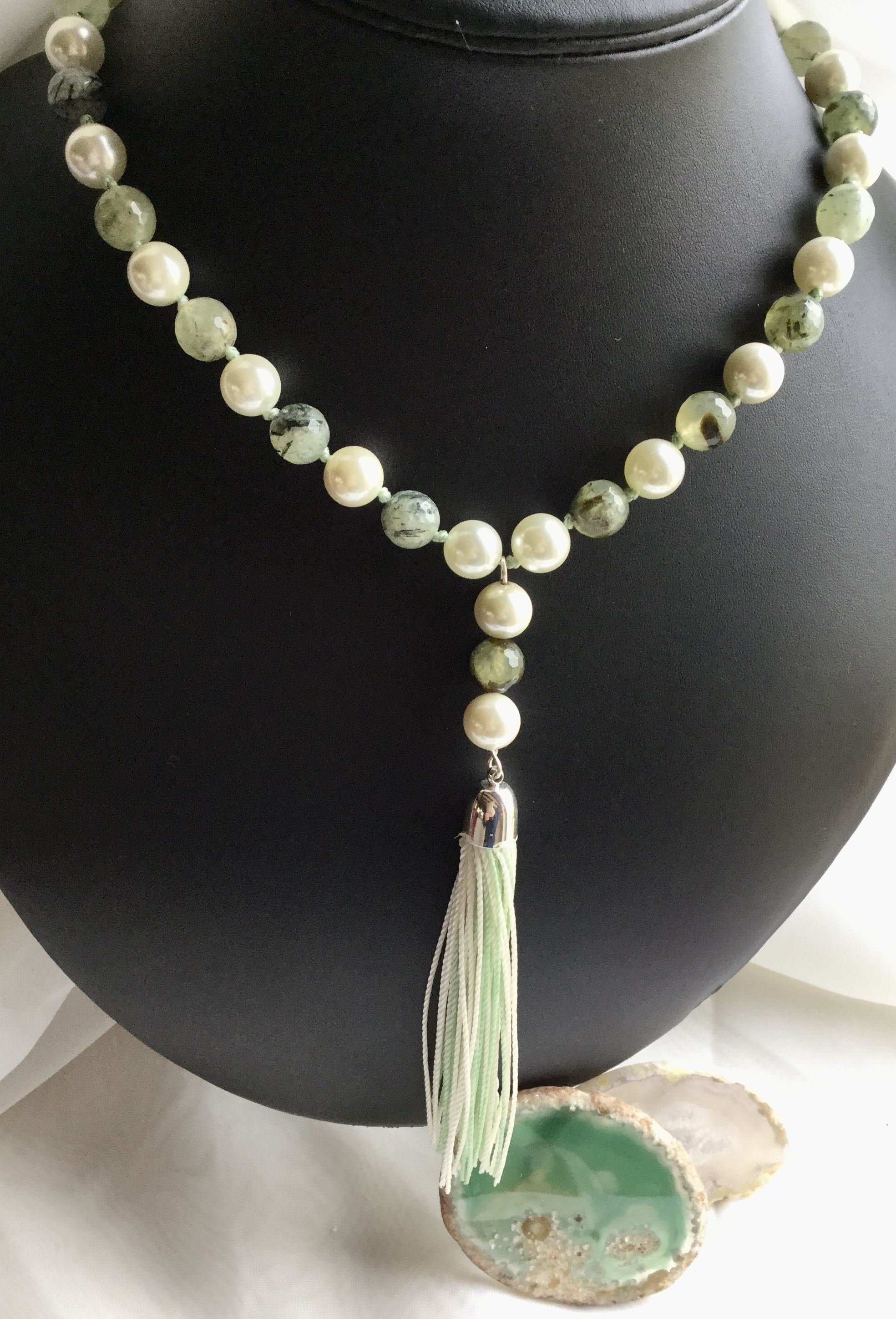 Prehnite Faceted Rounds with Pearls 36” long Macrame slider Long tassel