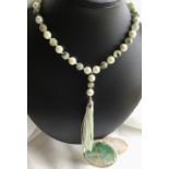 Prehnite Faceted Rounds with Pearls 36” long Macrame slider Long tassel