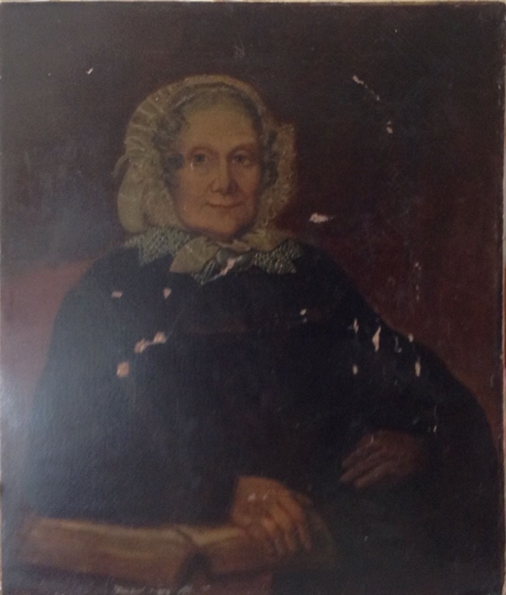 English School, 19 th century, portrait of a matron wearing a mob cap and lace collar