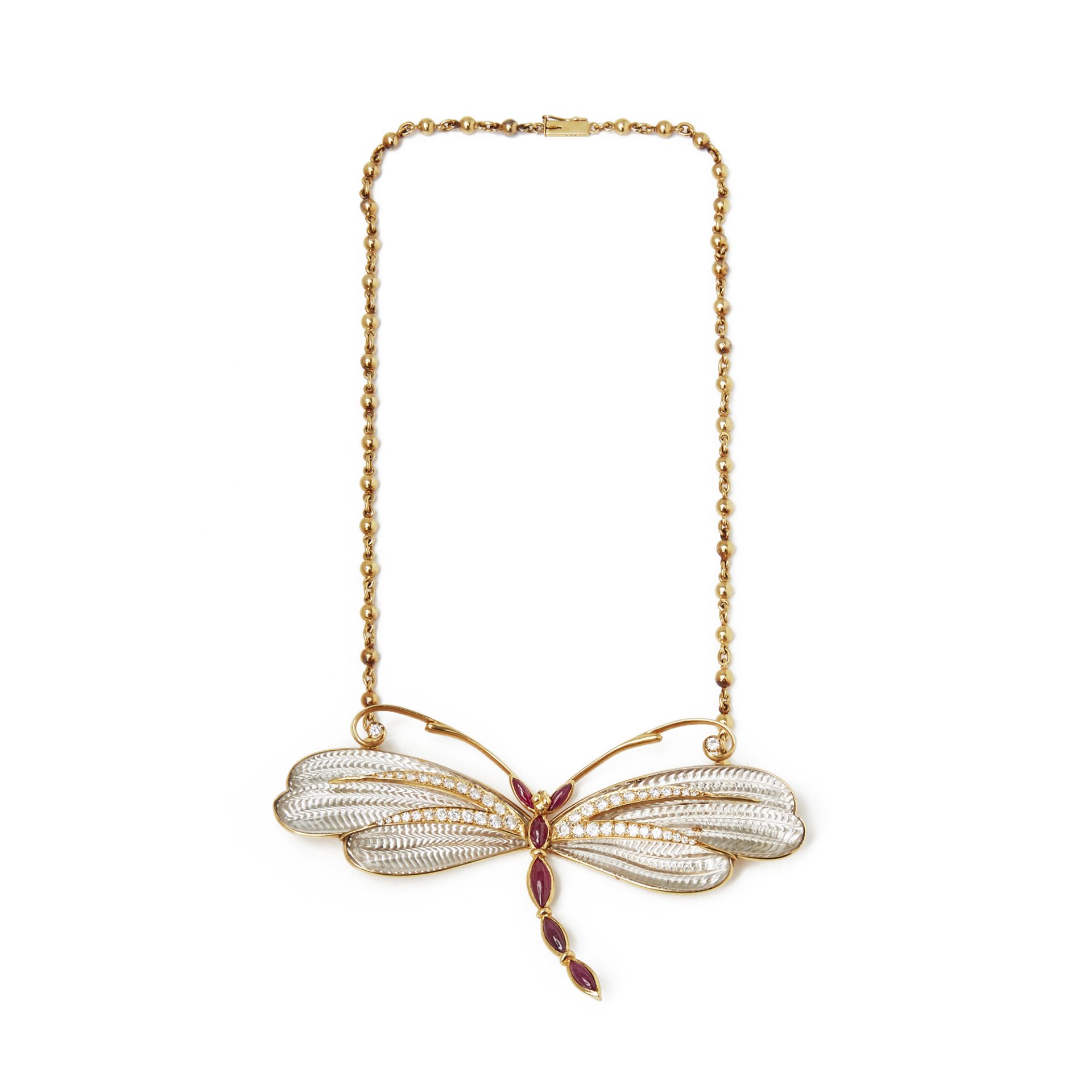 Boucheron 18k Yellow Gold Diamond & Ruby Dragonfly Pendant Necklace - Image 6 of 7