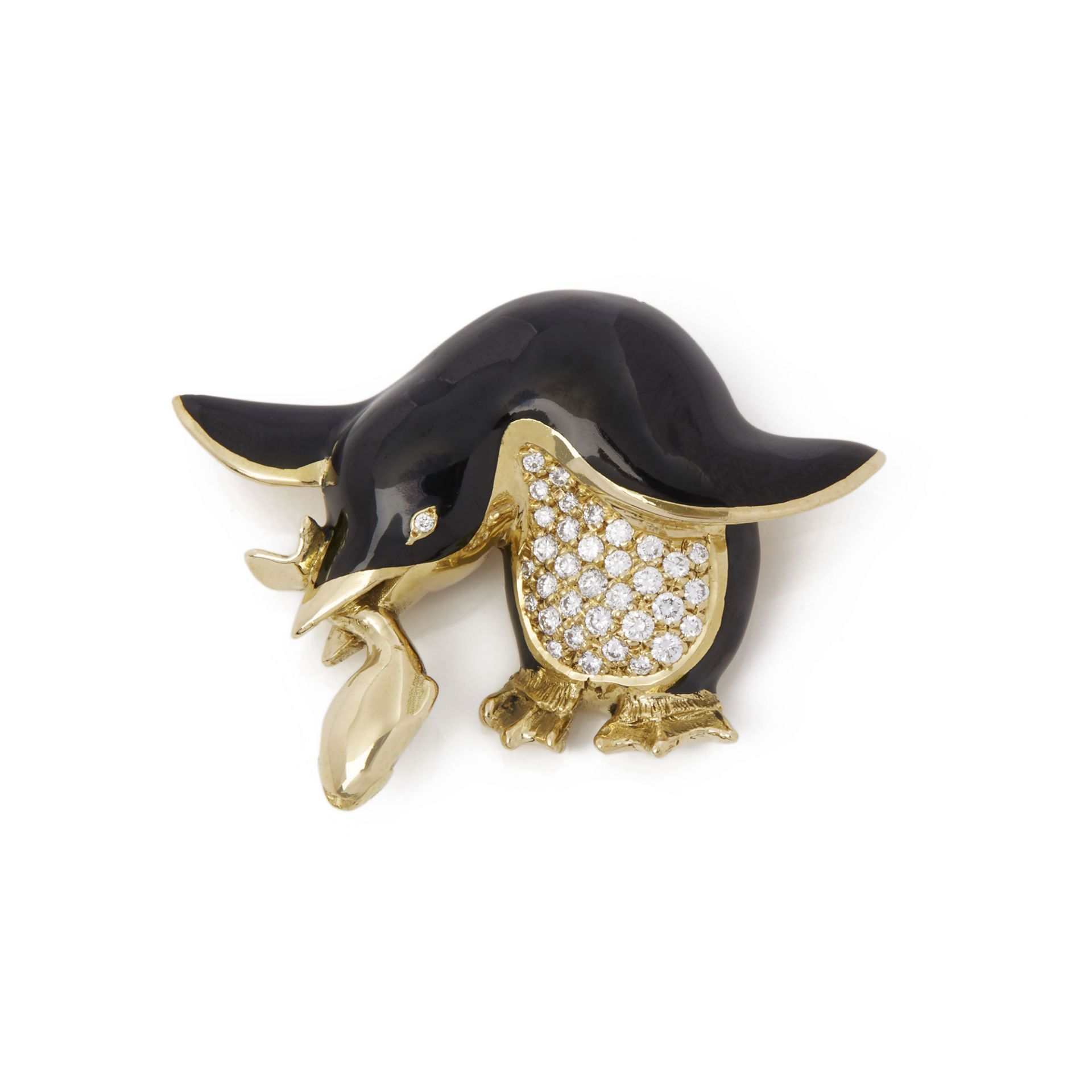 Garrard 18k Yellow Gold Enamel & Diamond Vintage Penguin Brooch