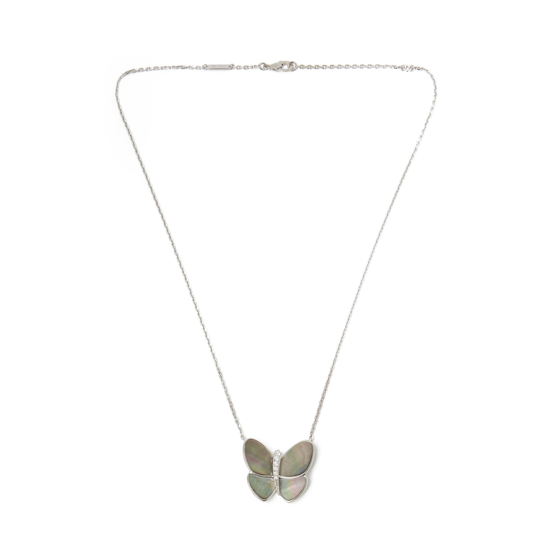 Van Cleef & Arpels 18k White Gold Grey Mother Of Pearl & Diamond Fly & Flutter Butterfly Necklace - Image 4 of 10