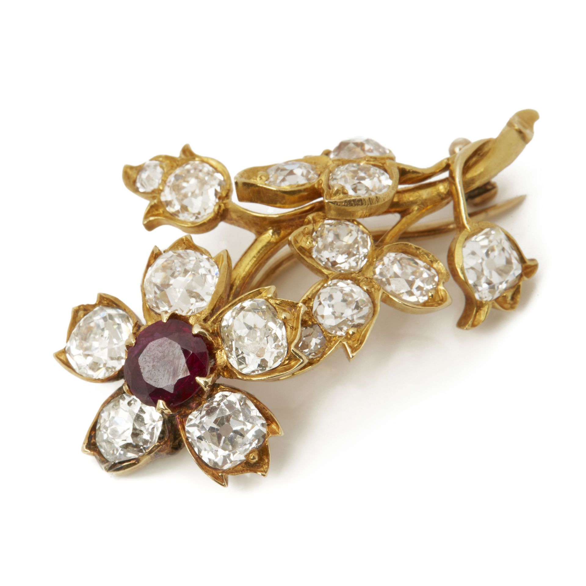 18k Yellow Gold Burmese Ruby & Diamond Vintage Flower Brooch - Image 3 of 4