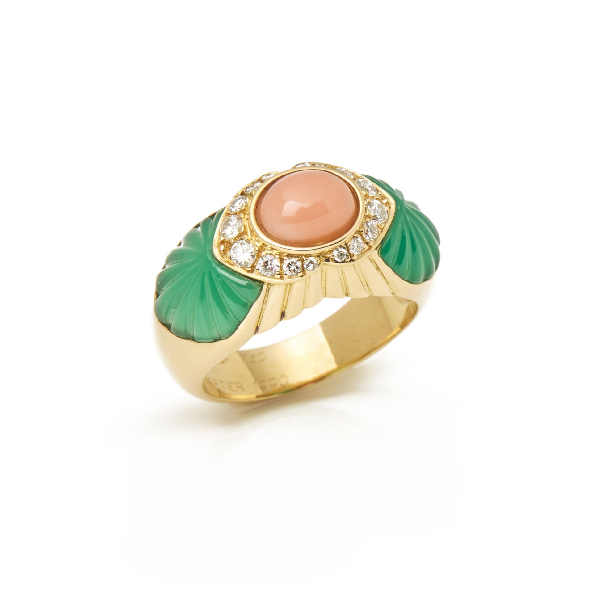 Cartier 18k Yellow Gold Chrysoprase, Coral & Diamond Ring