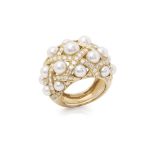 Chanel 18k Yellow Gold Cultured Pearl Baroque Matelassé Ring