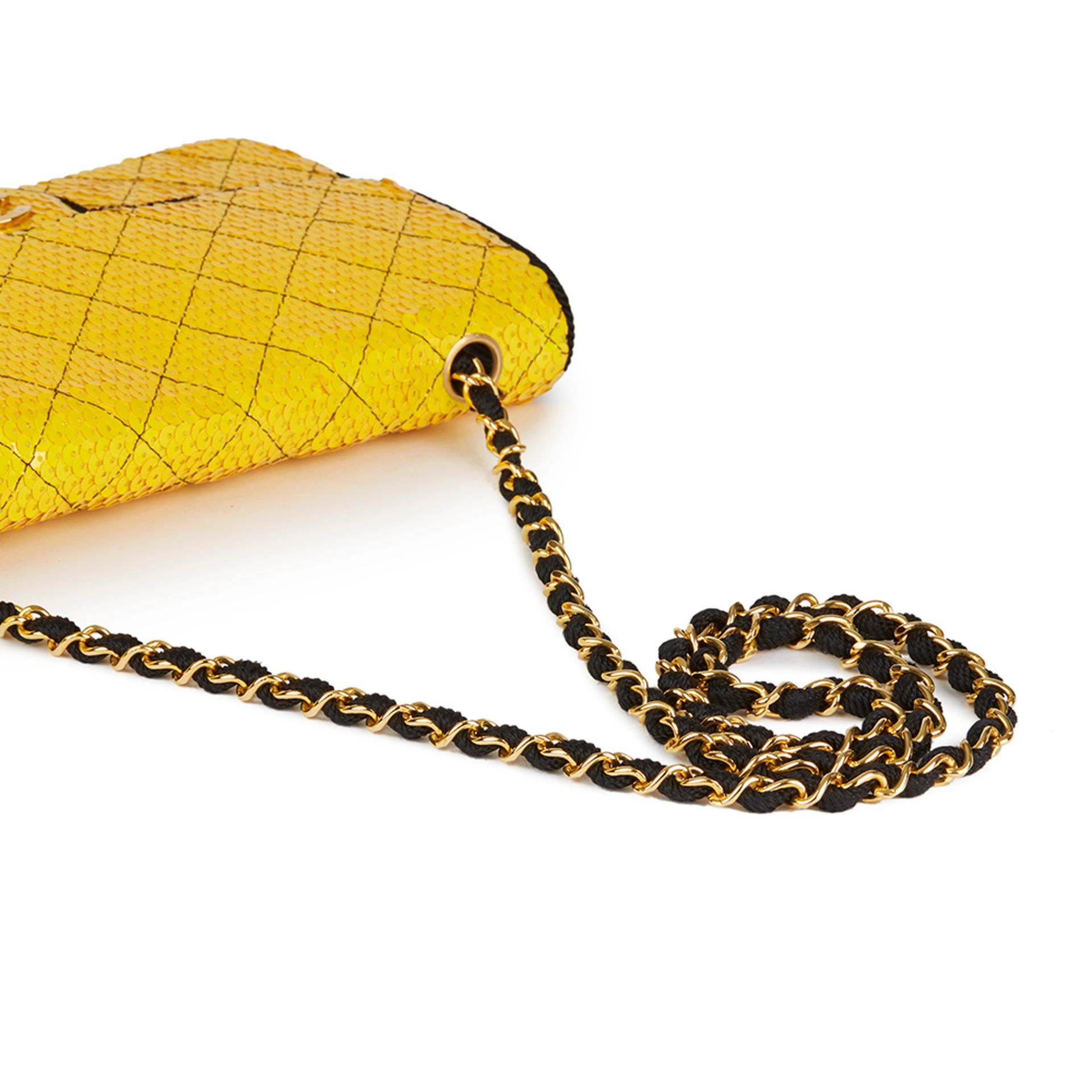 Chanel Yellow Quilted Sequin & Black Fabric Embellished Vintage Classic Single Flap Bag - Image 7 of 12