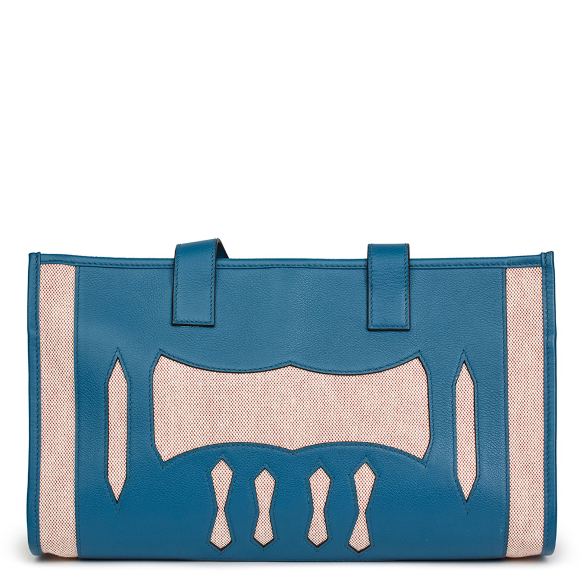 Hermés Blue De Prusse Evercolour Leather & Geranium Toile Petit H PM Skeleton Tote - Image 4 of 9